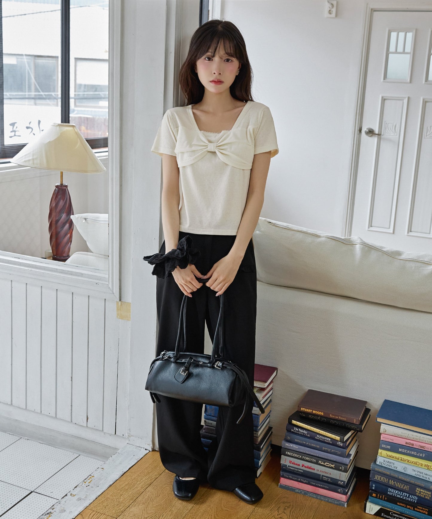 【UNE ORIGINAL】フロントラブリーリボンフリルリブ半袖Tシャツカットソー