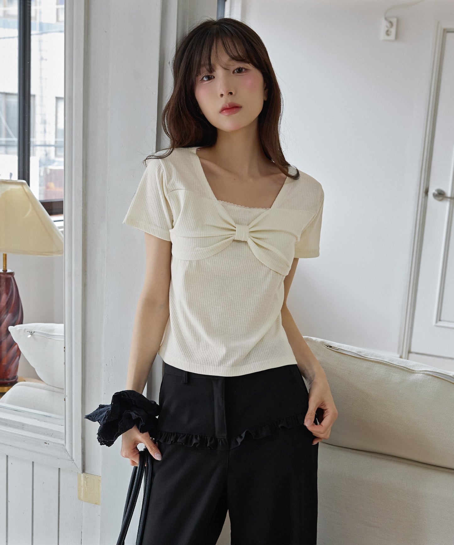 【UNE ORIGINAL】フロントラブリーリボンフリルリブ半袖Tシャツカットソー