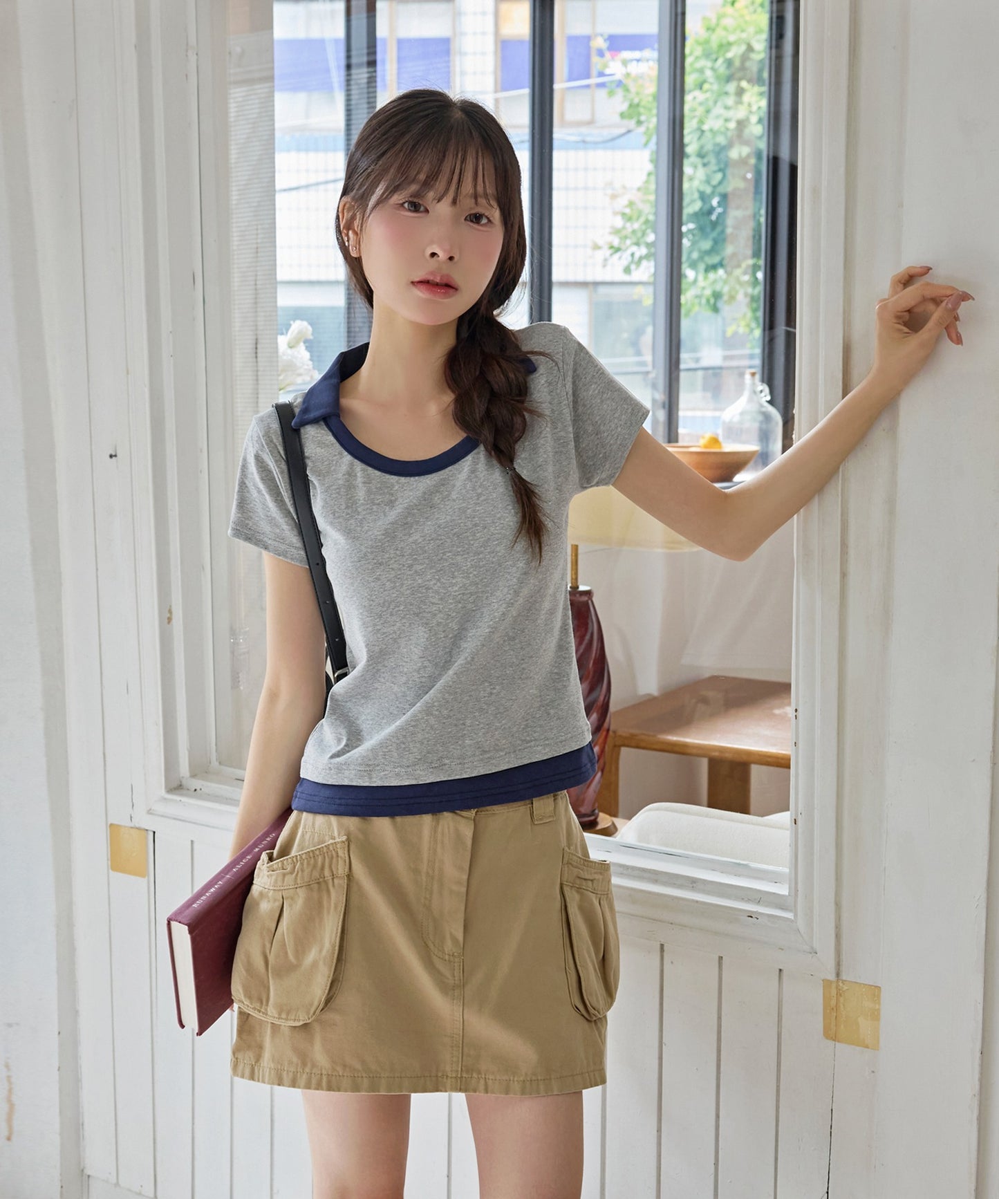 【UNE ORIGINAL】レイヤード風バイカラー襟デザインTシャツカットソー