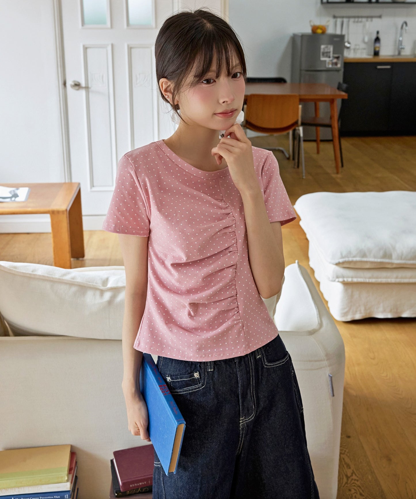 【UNE ORIGINAL】ユニークフロント切り替えシャーリングドット半袖Tシャツカットソー