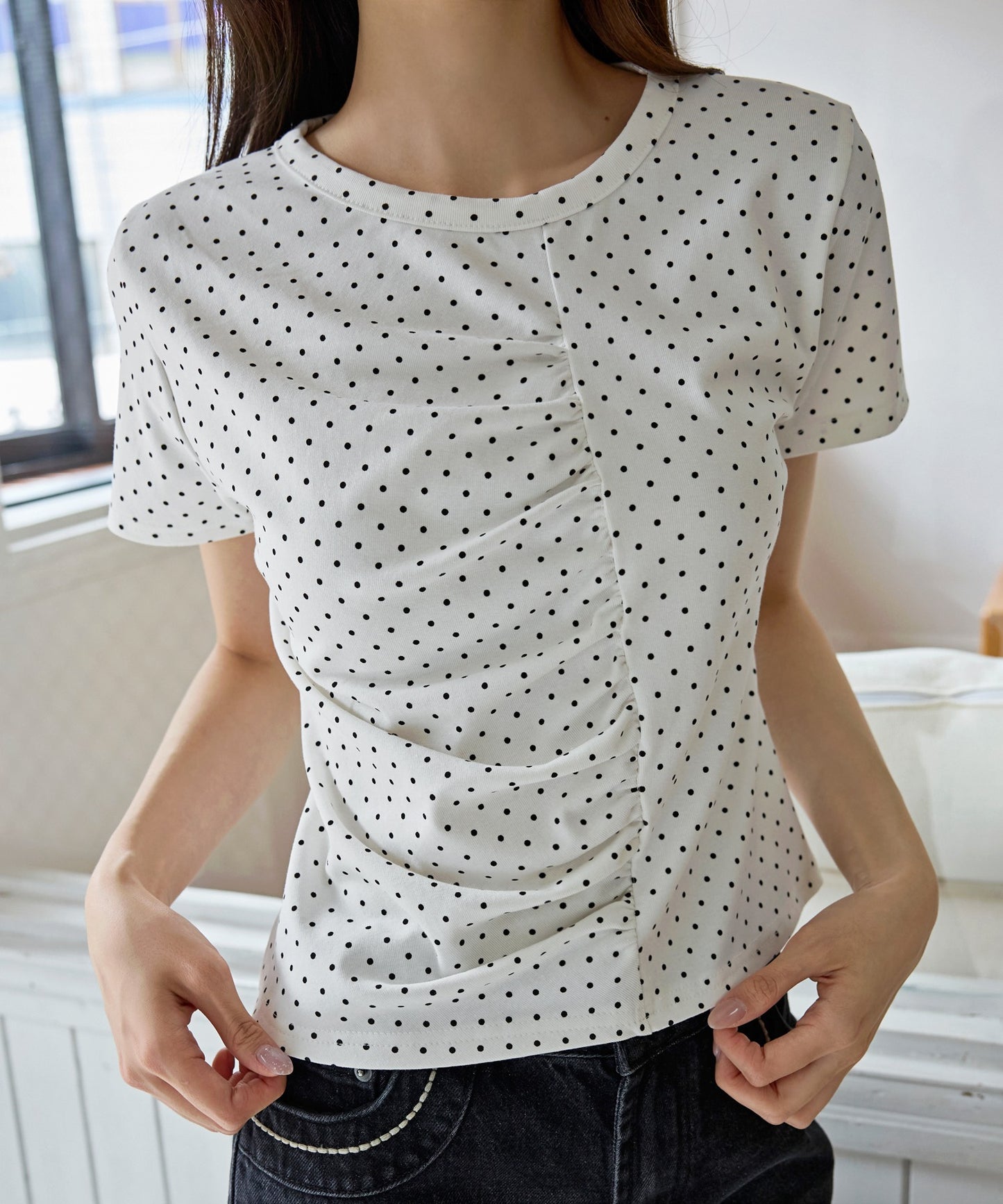 【UNE ORIGINAL】ユニークフロント切り替えシャーリングドット半袖Tシャツカットソー