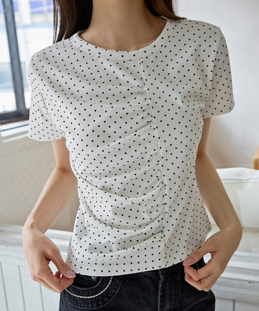 【UNE ORIGINAL】ユニークフロント切り替えシャーリングドット半袖Tシャツカットソー