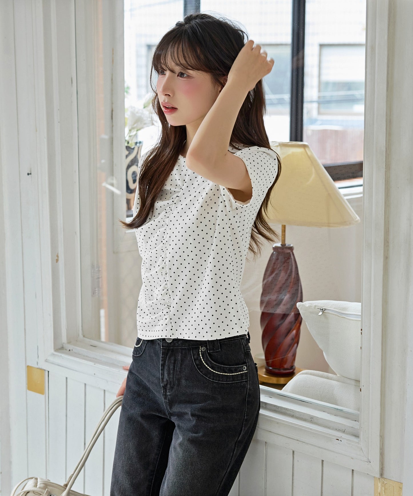 【UNE ORIGINAL】ユニークフロント切り替えシャーリングドット半袖Tシャツカットソー