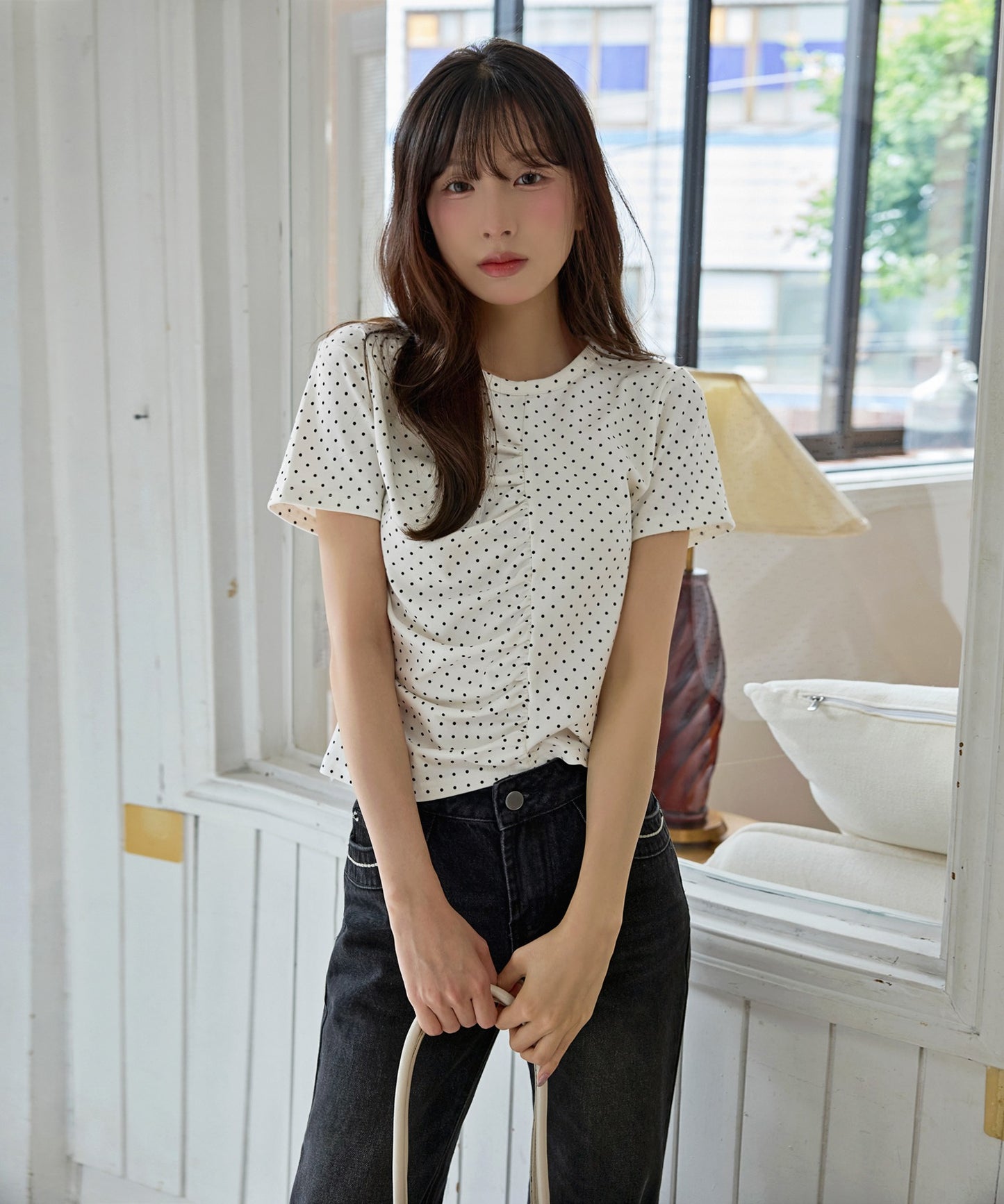 【UNE ORIGINAL】ユニークフロント切り替えシャーリングドット半袖Tシャツカットソー