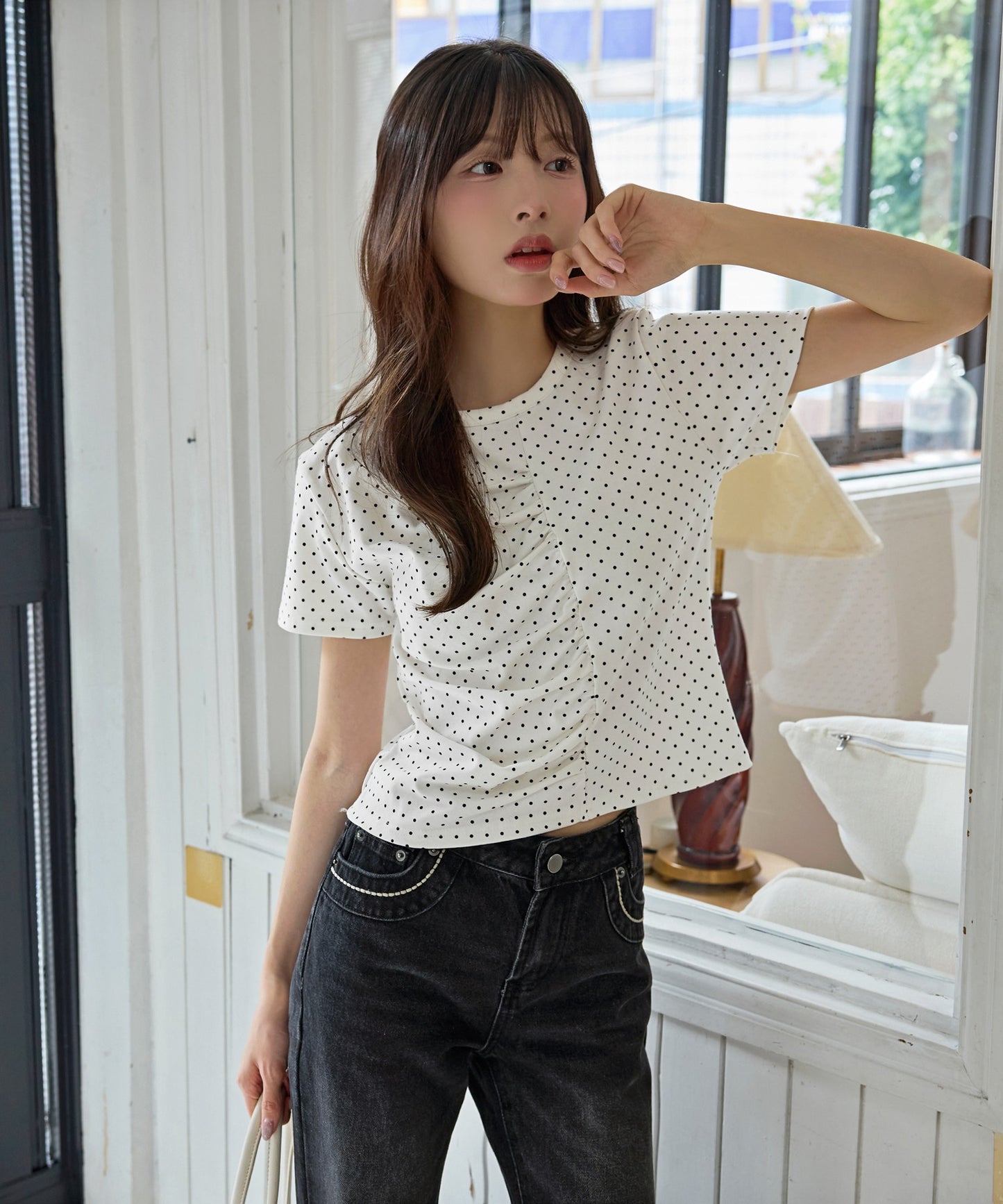 【UNE ORIGINAL】ユニークフロント切り替えシャーリングドット半袖Tシャツカットソー