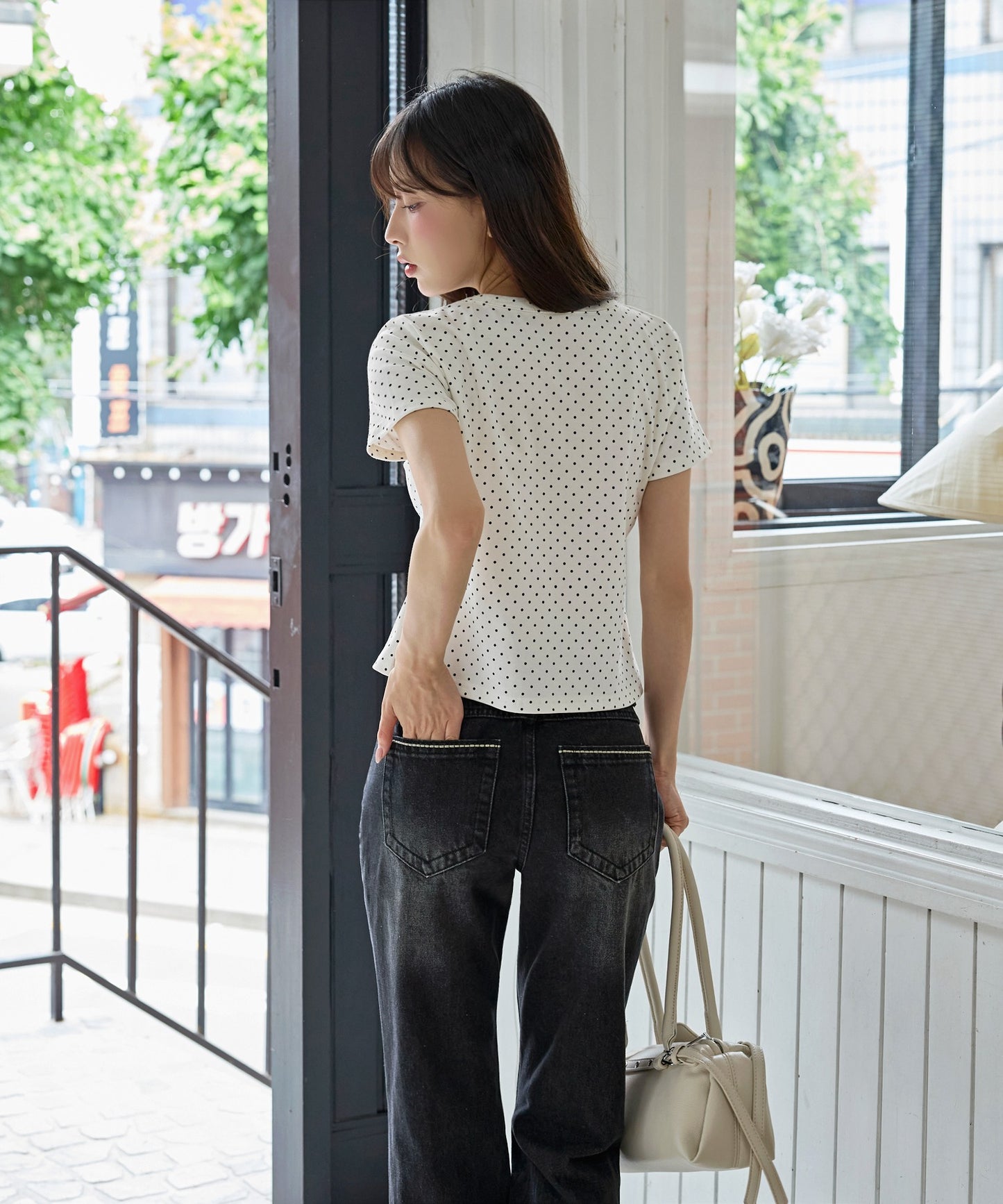 【UNE ORIGINAL】ユニークフロント切り替えシャーリングドット半袖Tシャツカットソー