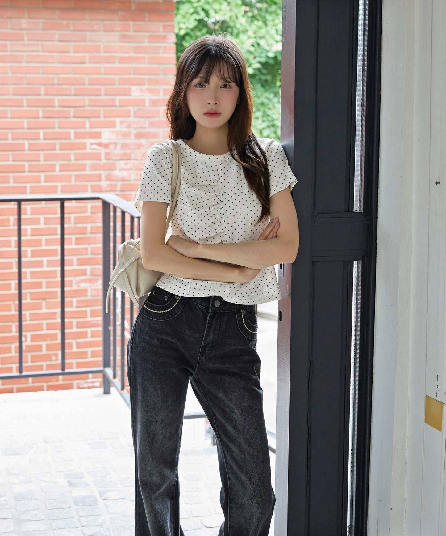 【UNE ORIGINAL】ユニークフロント切り替えシャーリングドット半袖Tシャツカットソー