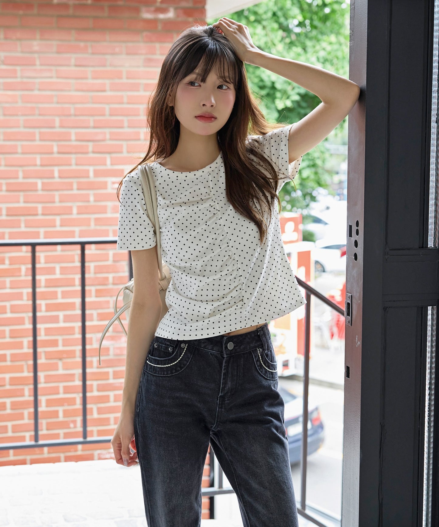 【UNE ORIGINAL】ユニークフロント切り替えシャーリングドット半袖Tシャツカットソー