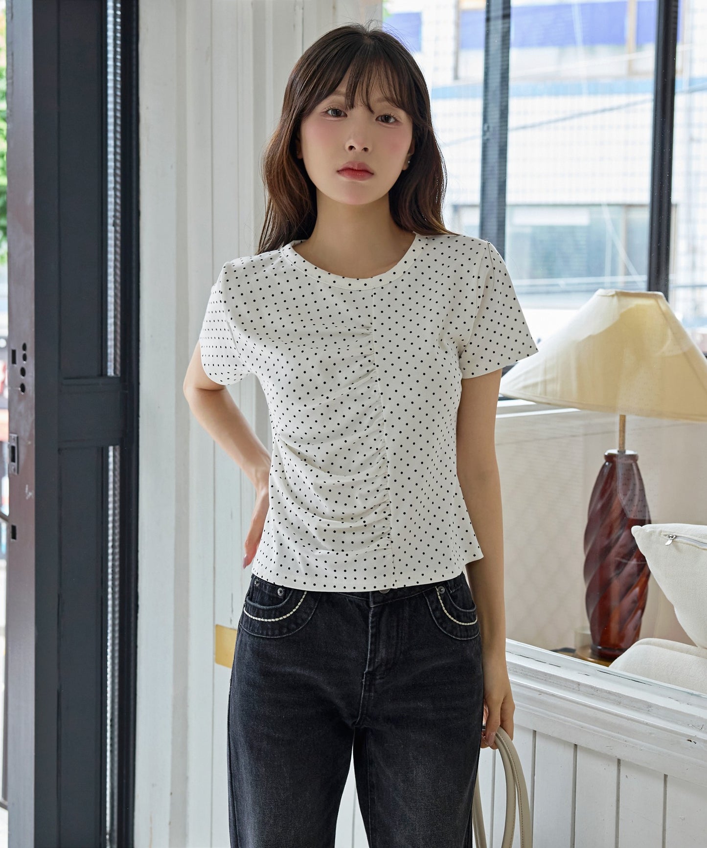 【UNE ORIGINAL】ユニークフロント切り替えシャーリングドット半袖Tシャツカットソー