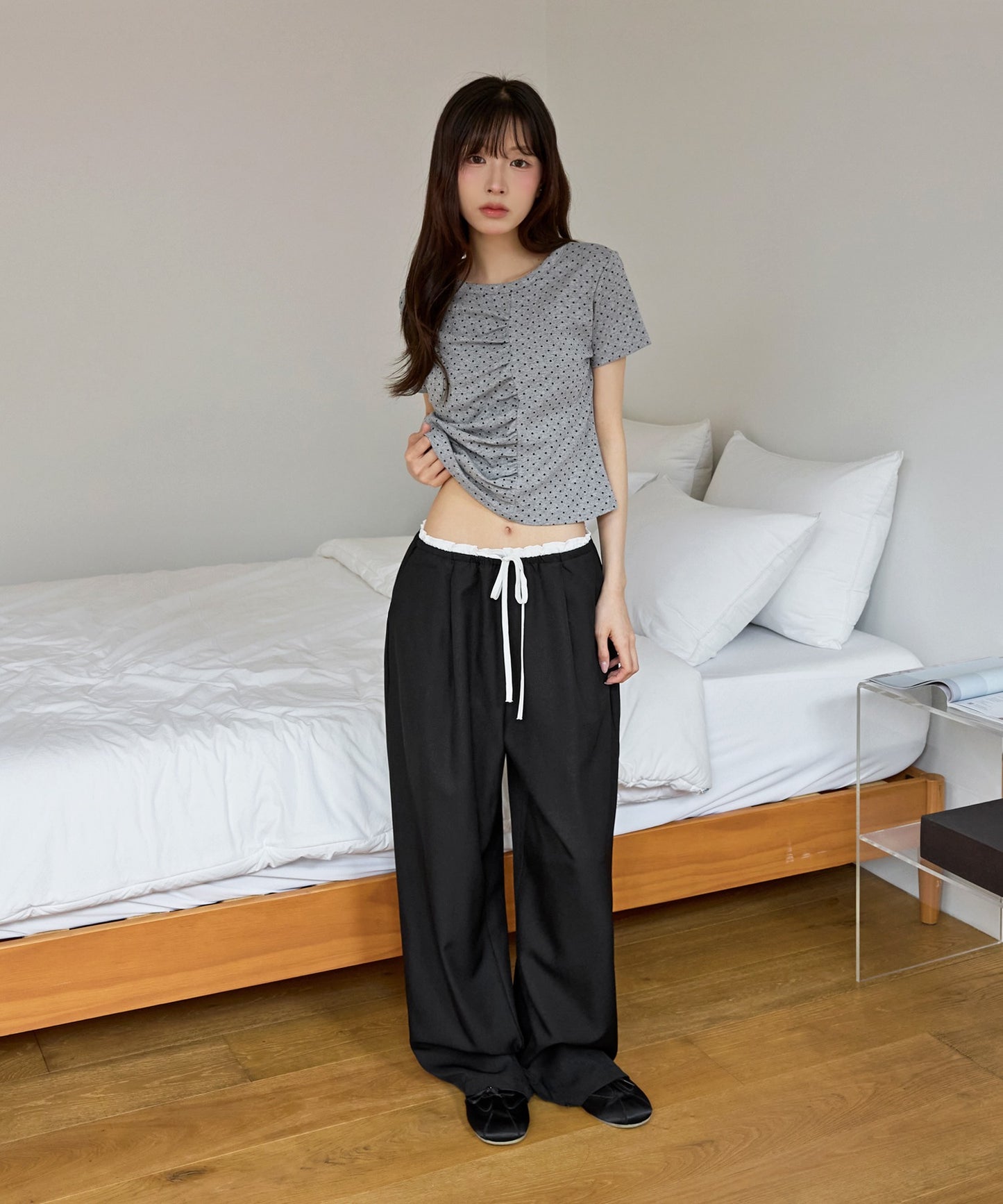 【UNE ORIGINAL】ユニークフロント切り替えシャーリングドット半袖Tシャツカットソー
