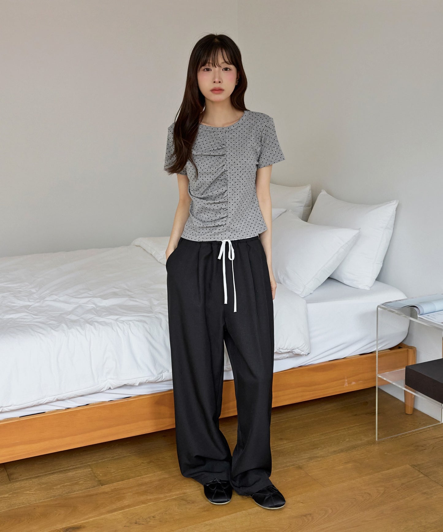 【UNE ORIGINAL】ユニークフロント切り替えシャーリングドット半袖Tシャツカットソー
