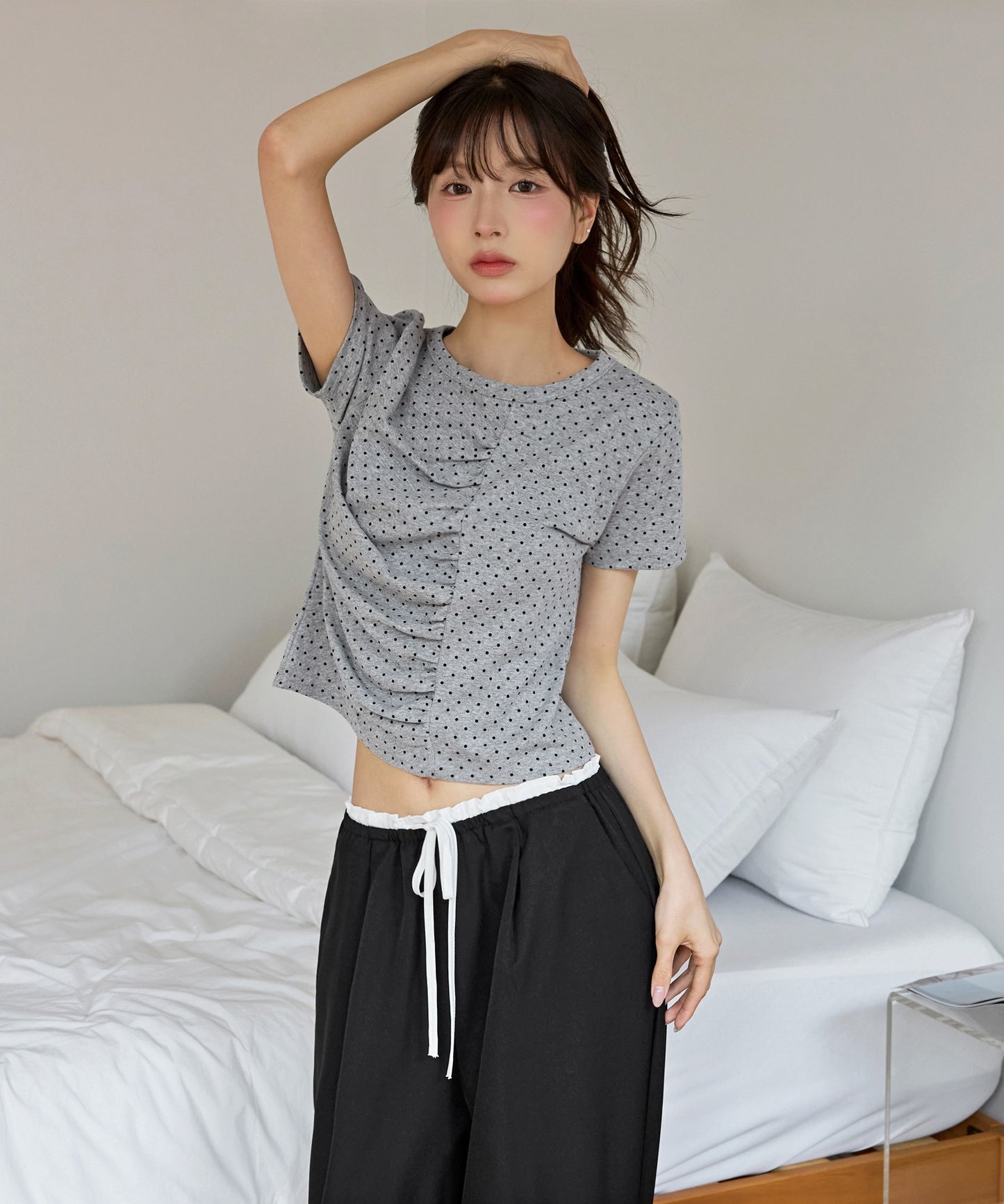 【UNE ORIGINAL】ユニークフロント切り替えシャーリングドット半袖Tシャツカットソー