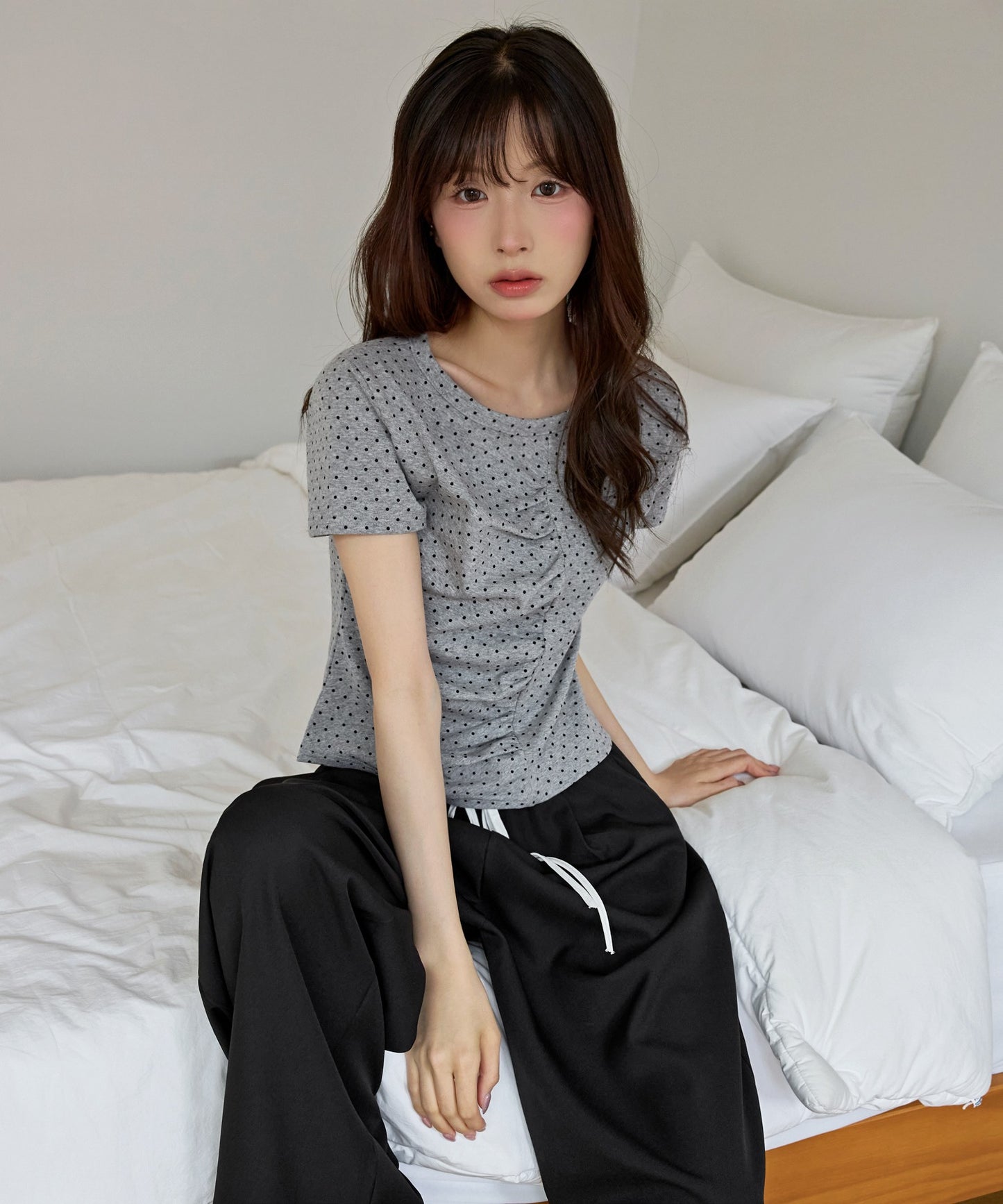【UNE ORIGINAL】ユニークフロント切り替えシャーリングドット半袖Tシャツカットソー