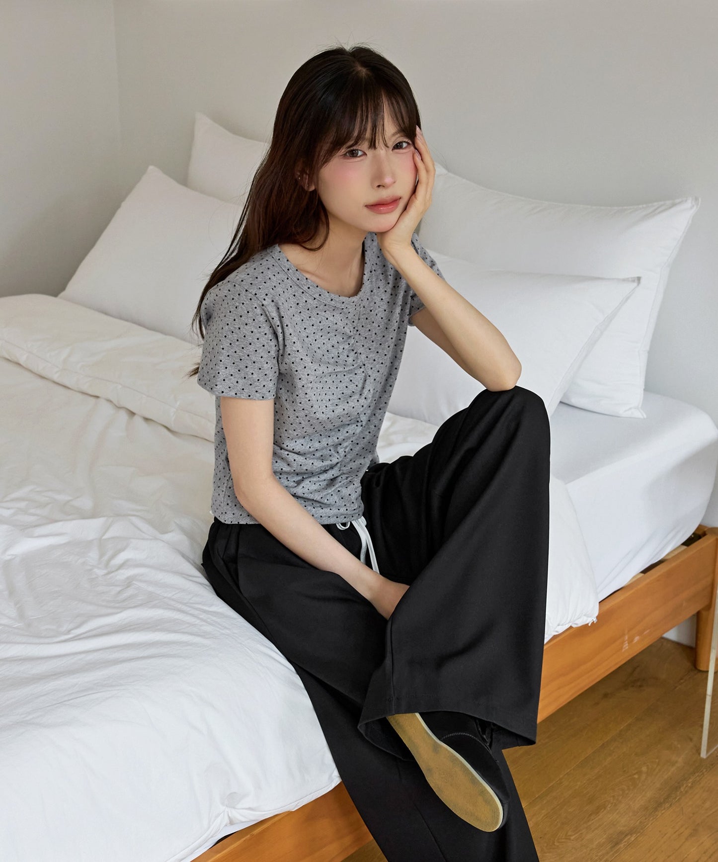 【UNE ORIGINAL】ユニークフロント切り替えシャーリングドット半袖Tシャツカットソー