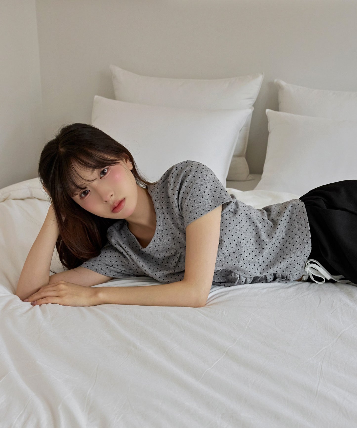 【UNE ORIGINAL】ユニークフロント切り替えシャーリングドット半袖Tシャツカットソー