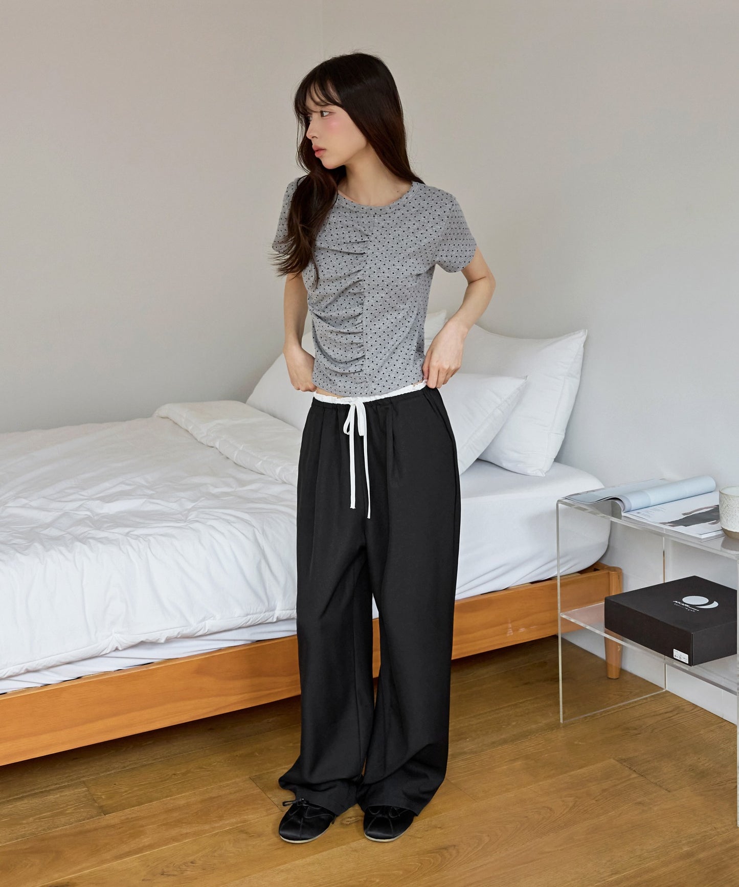 【UNE ORIGINAL】ユニークフロント切り替えシャーリングドット半袖Tシャツカットソー