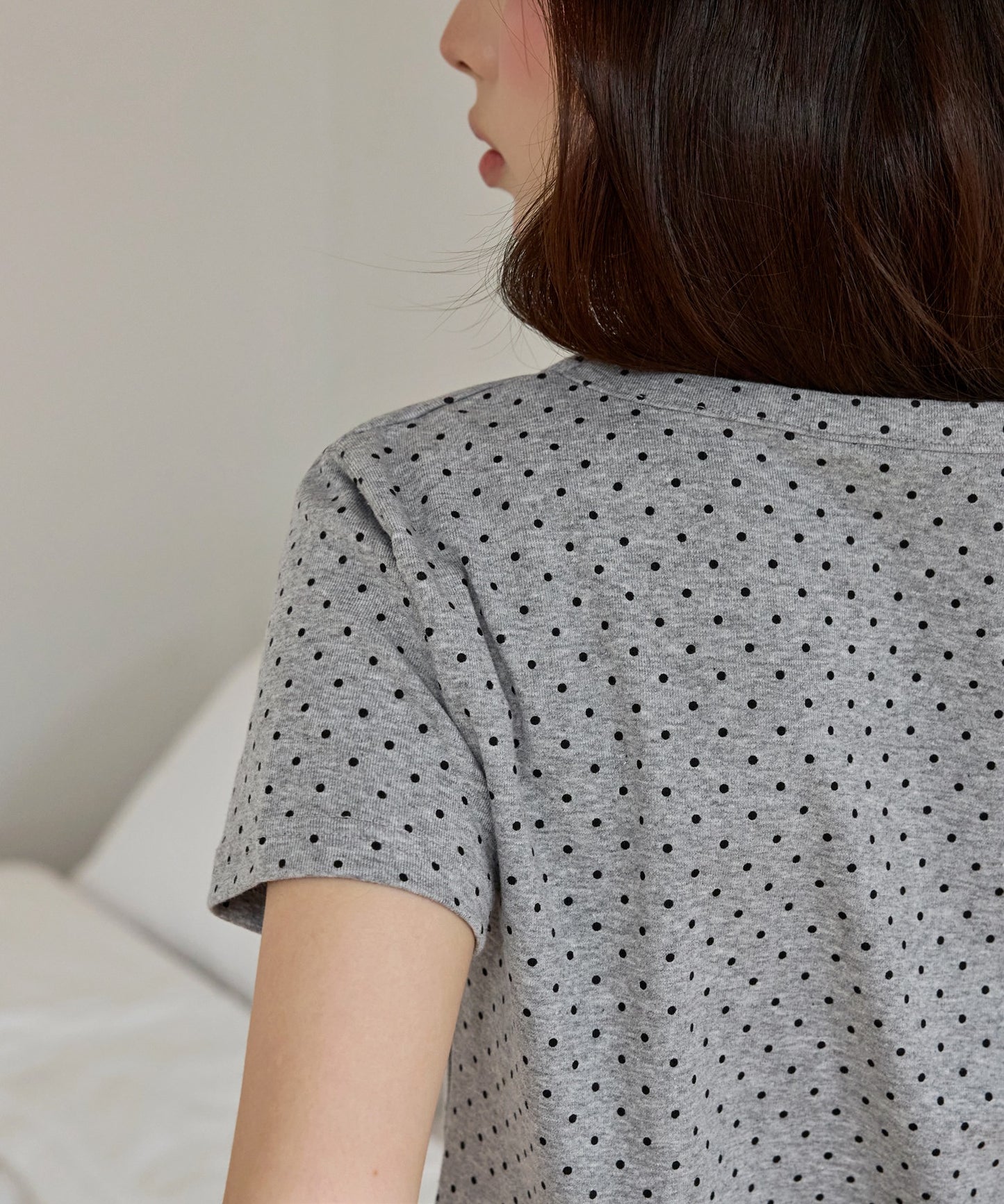 【UNE ORIGINAL】ユニークフロント切り替えシャーリングドット半袖Tシャツカットソー