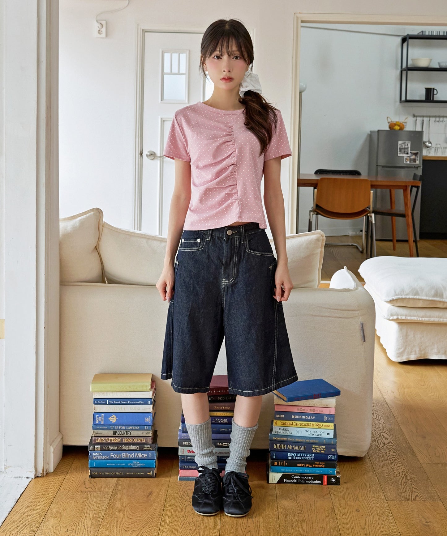 【UNE ORIGINAL】ユニークフロント切り替えシャーリングドット半袖Tシャツカットソー