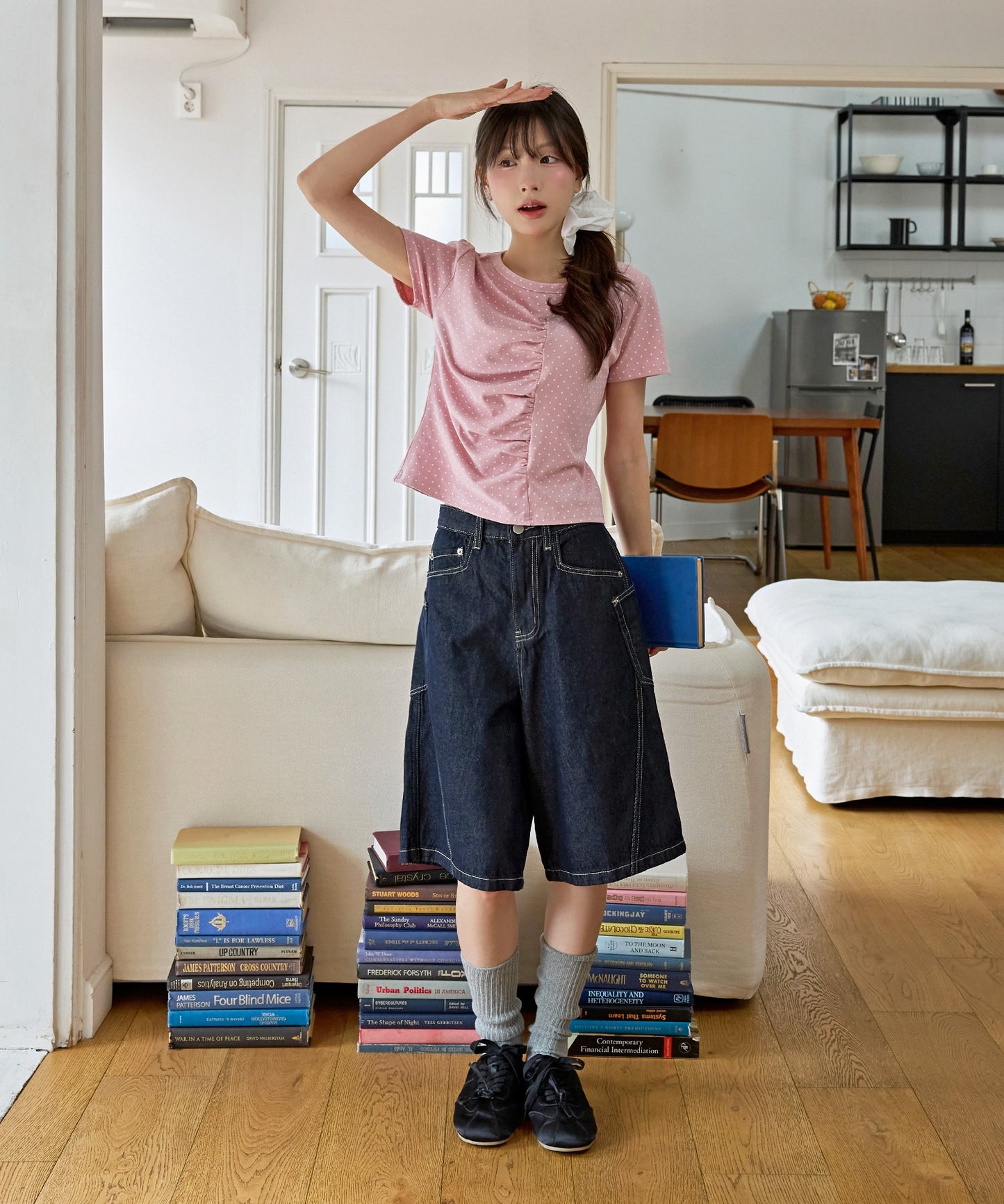 【UNE ORIGINAL】ユニークフロント切り替えシャーリングドット半袖Tシャツカットソー