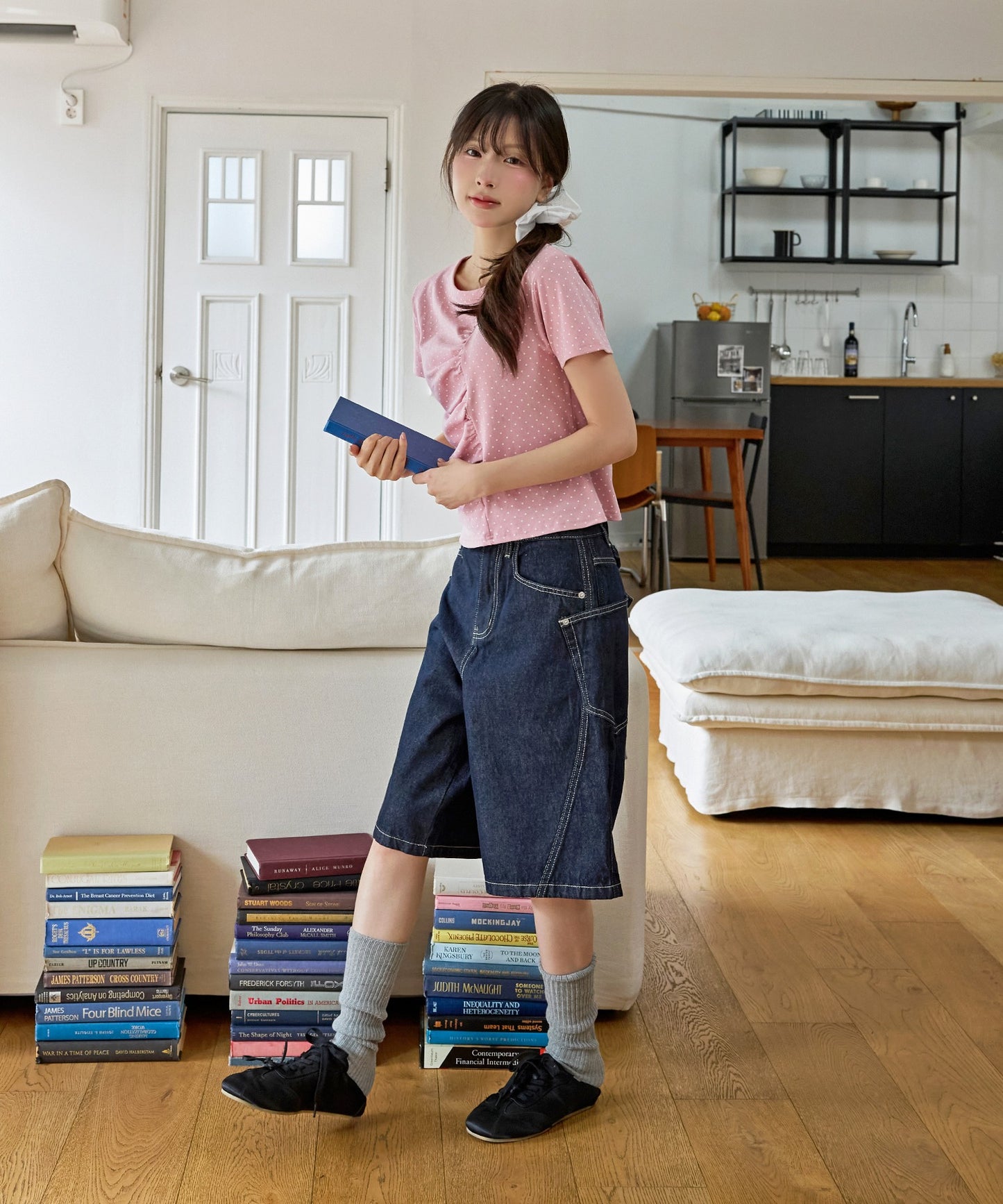 【UNE ORIGINAL】ユニークフロント切り替えシャーリングドット半袖Tシャツカットソー