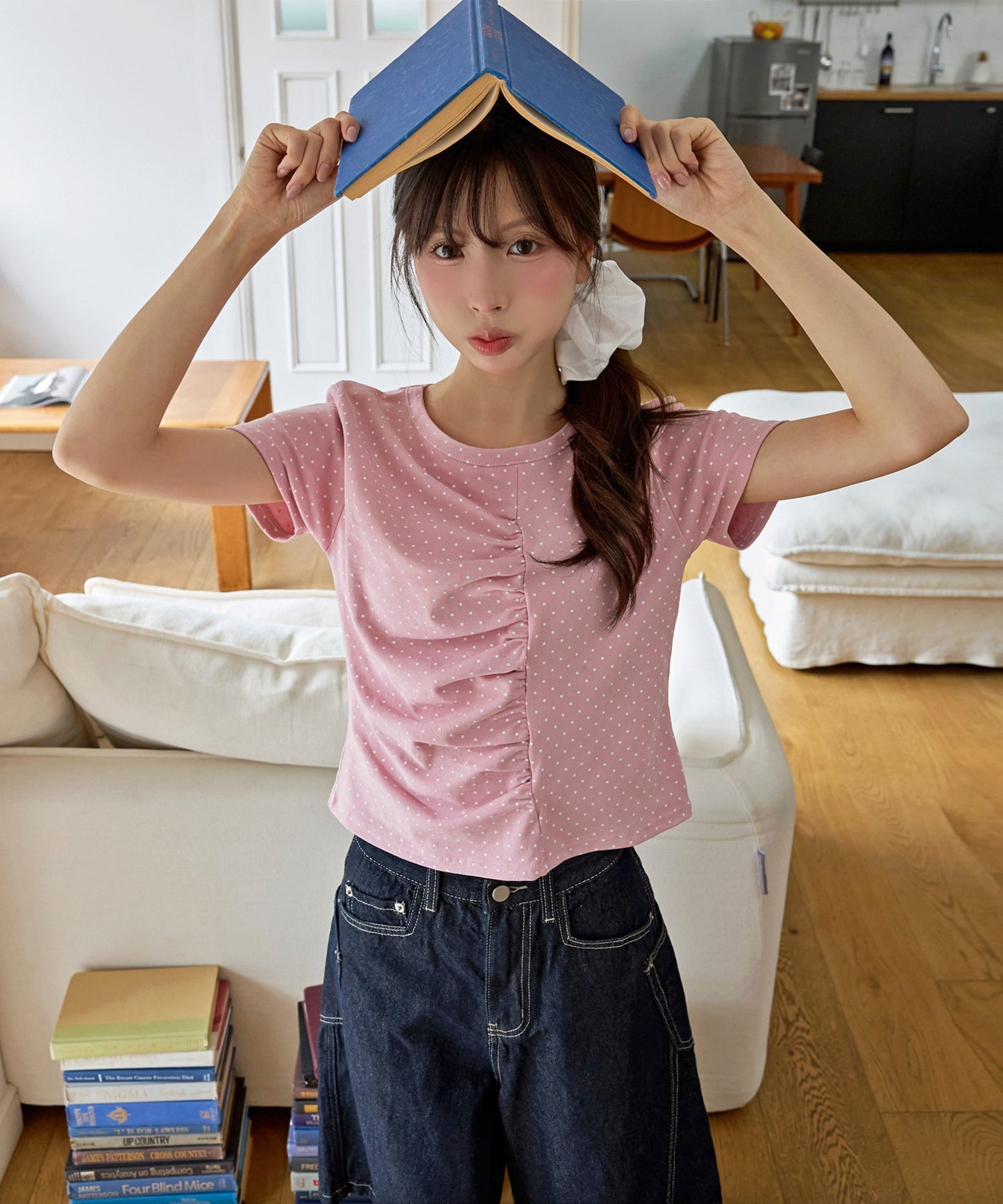 【UNE ORIGINAL】ユニークフロント切り替えシャーリングドット半袖Tシャツカットソー