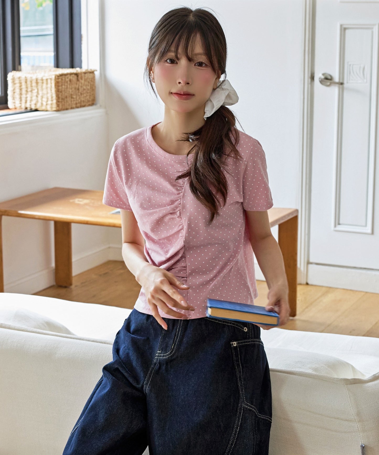 【UNE ORIGINAL】ユニークフロント切り替えシャーリングドット半袖Tシャツカットソー