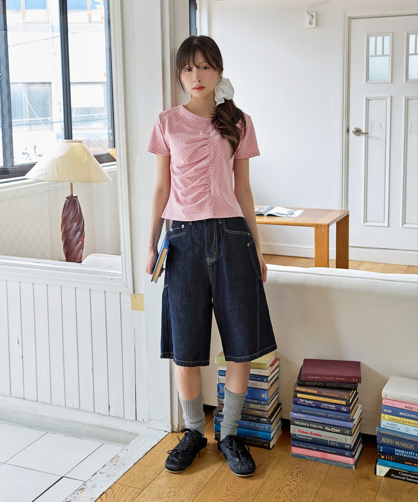 【UNE ORIGINAL】ユニークフロント切り替えシャーリングドット半袖Tシャツカットソー