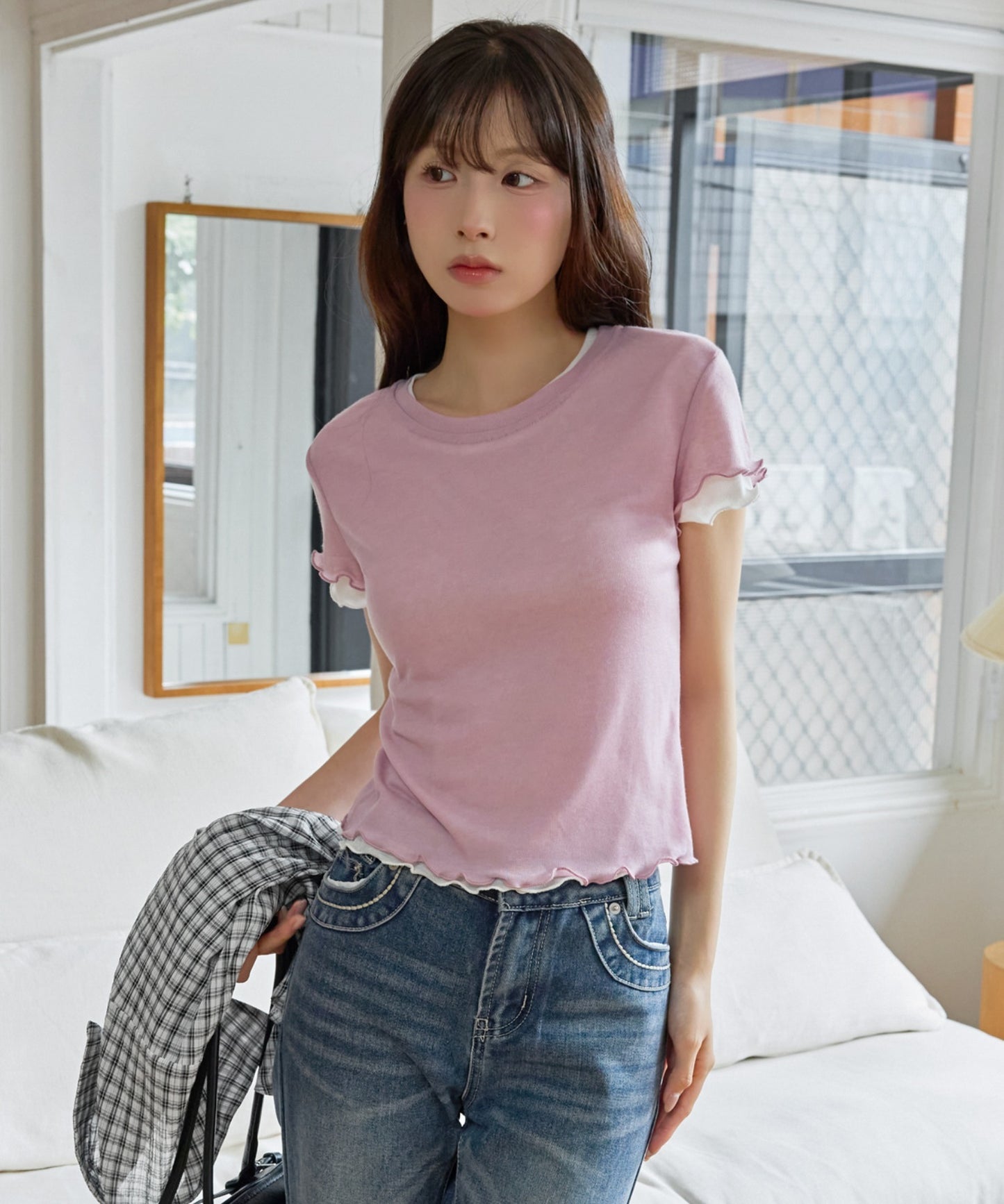 メロウ加工フリルバイカラーレイヤード半袖Tシャツカットソー