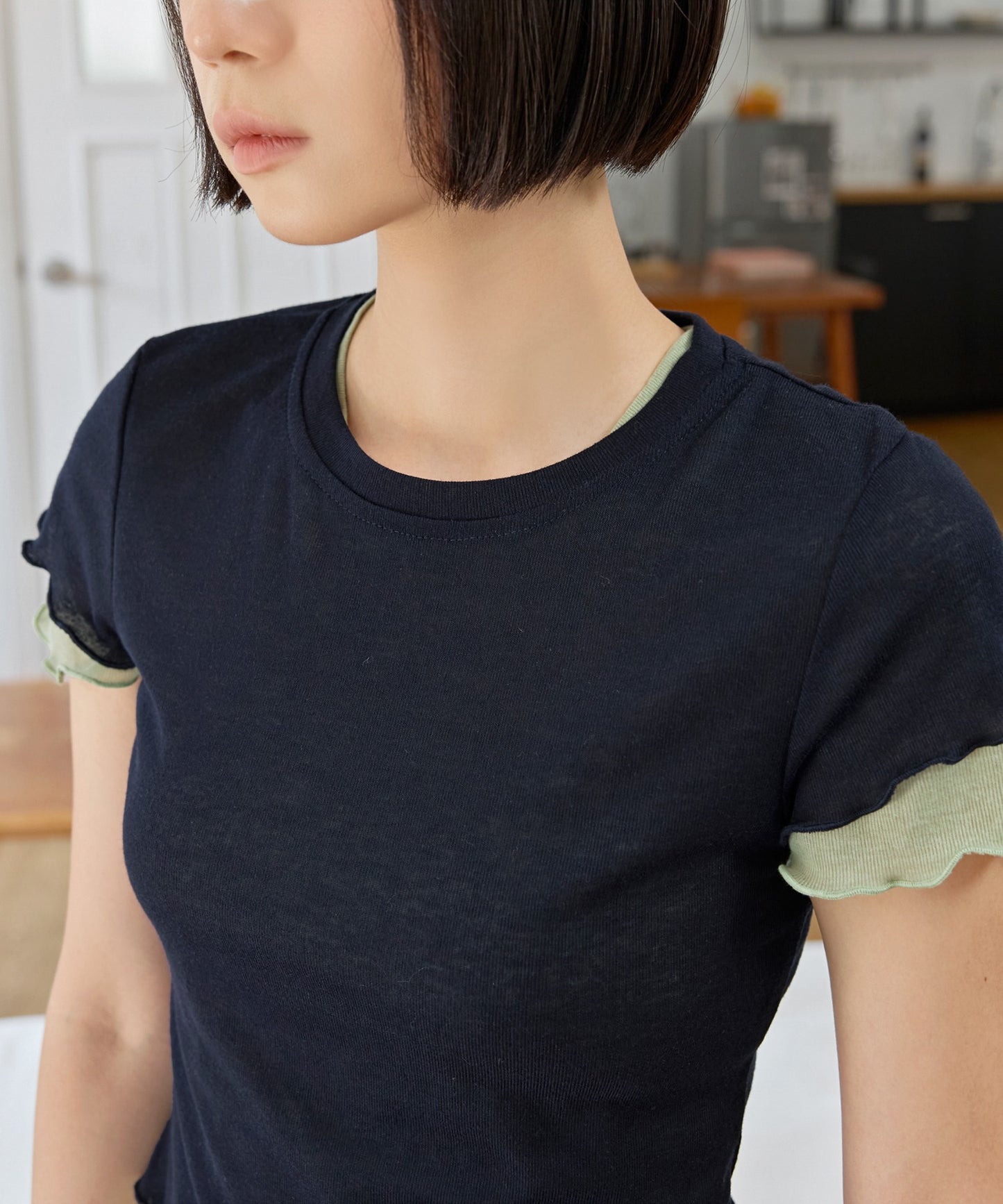メロウ加工フリルバイカラーレイヤード半袖Tシャツカットソー