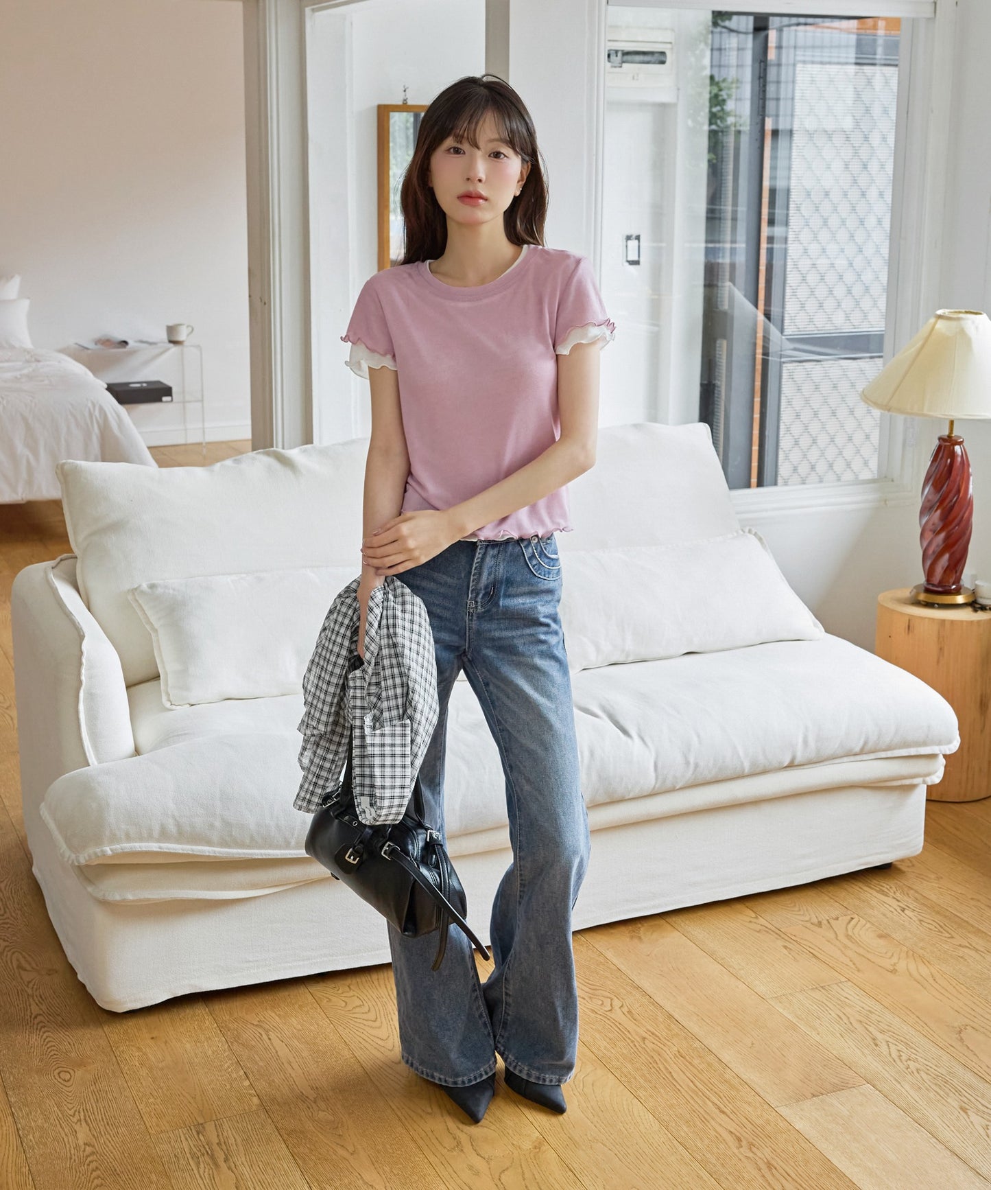 メロウ加工フリルバイカラーレイヤード半袖Tシャツカットソー