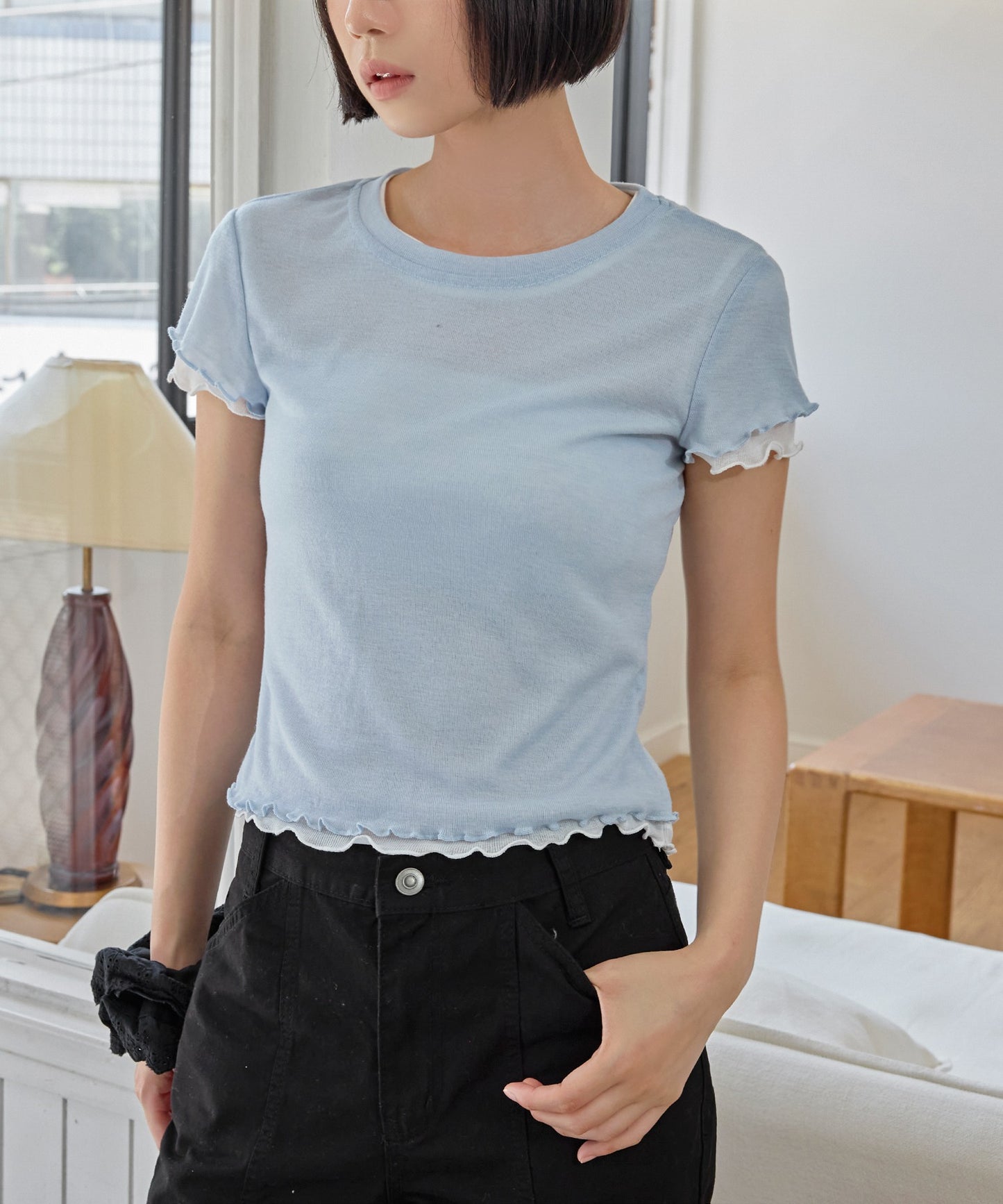 メロウ加工フリルバイカラーレイヤード半袖Tシャツカットソー