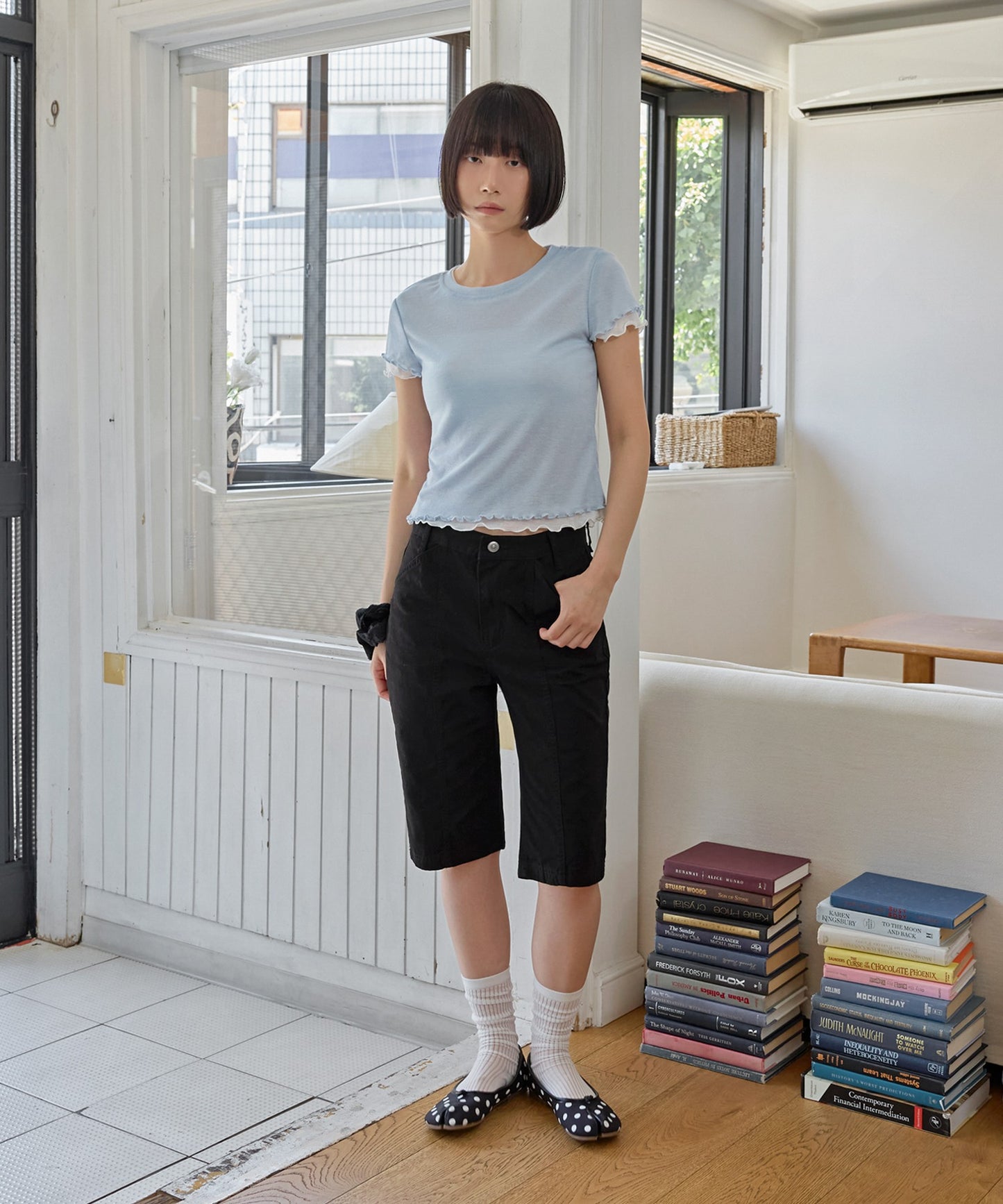 メロウ加工フリルバイカラーレイヤード半袖Tシャツカットソー
