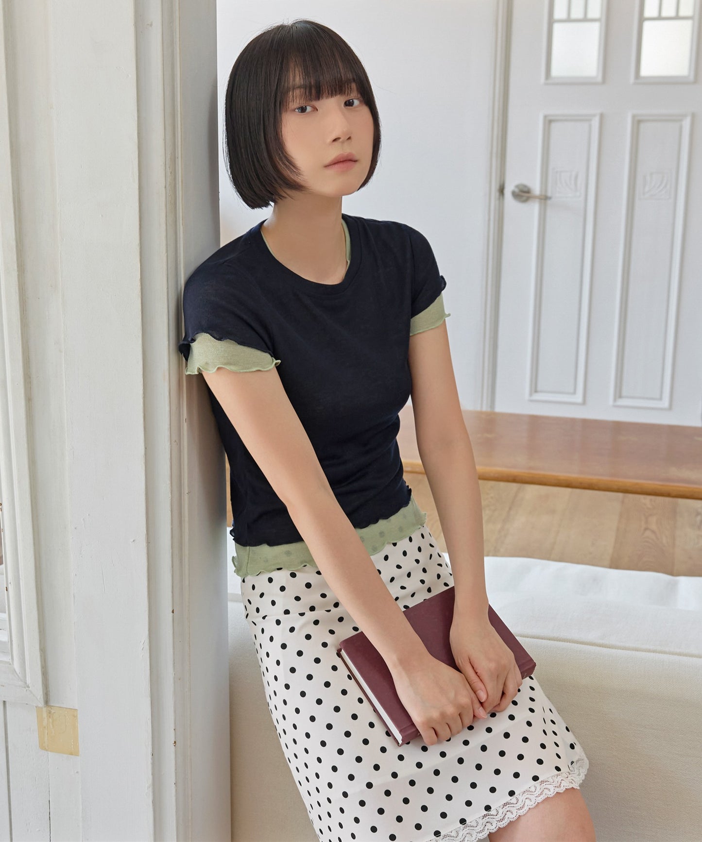 メロウ加工フリルバイカラーレイヤード半袖Tシャツカットソー