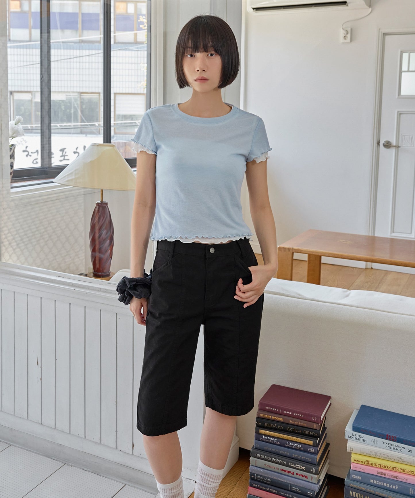 メロウ加工フリルバイカラーレイヤード半袖Tシャツカットソー
