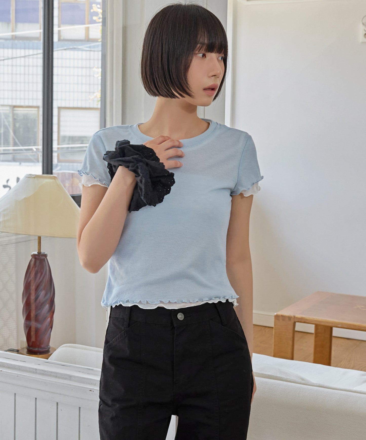 メロウ加工フリルバイカラーレイヤード半袖Tシャツカットソー