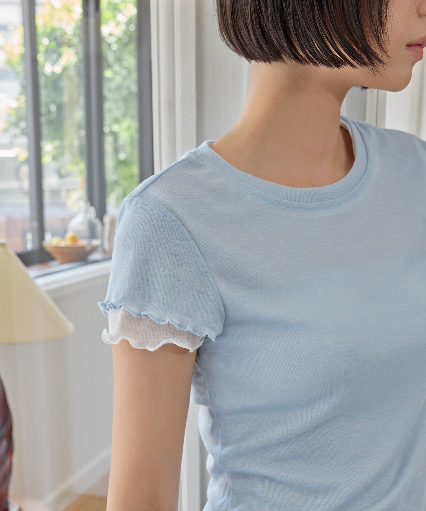 メロウ加工フリルバイカラーレイヤード半袖Tシャツカットソー