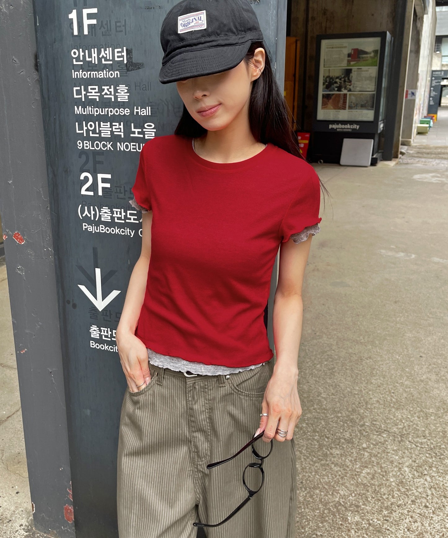メロウ加工フリルバイカラーレイヤード半袖Tシャツカットソー