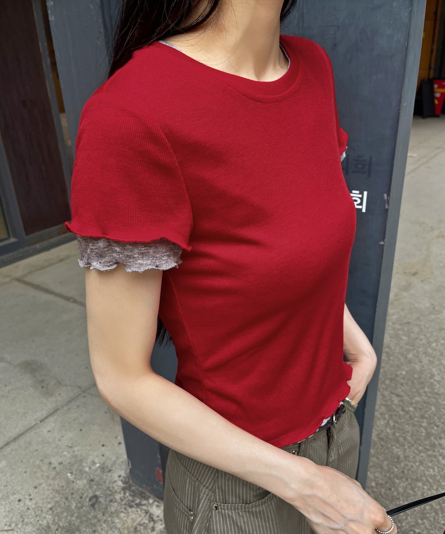 メロウ加工フリルバイカラーレイヤード半袖Tシャツカットソー