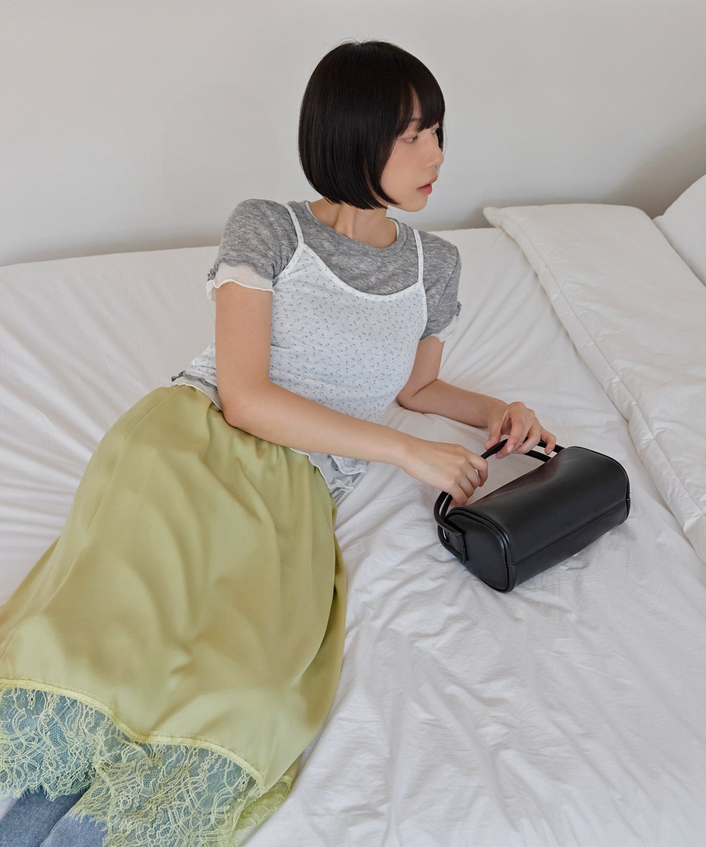 メロウ加工フリルバイカラーレイヤード半袖Tシャツカットソー