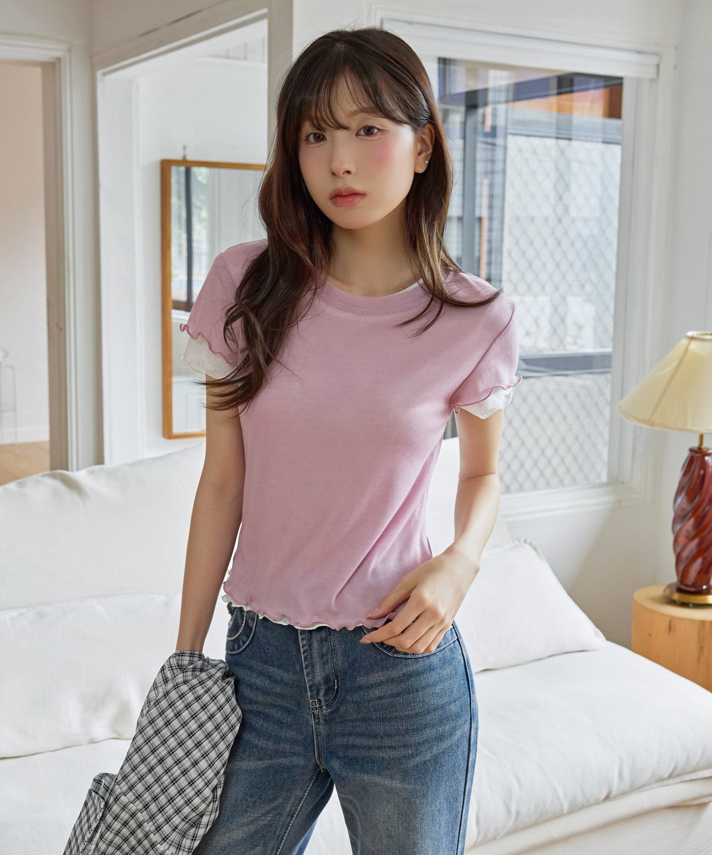 メロウ加工フリルバイカラーレイヤード半袖Tシャツカットソー