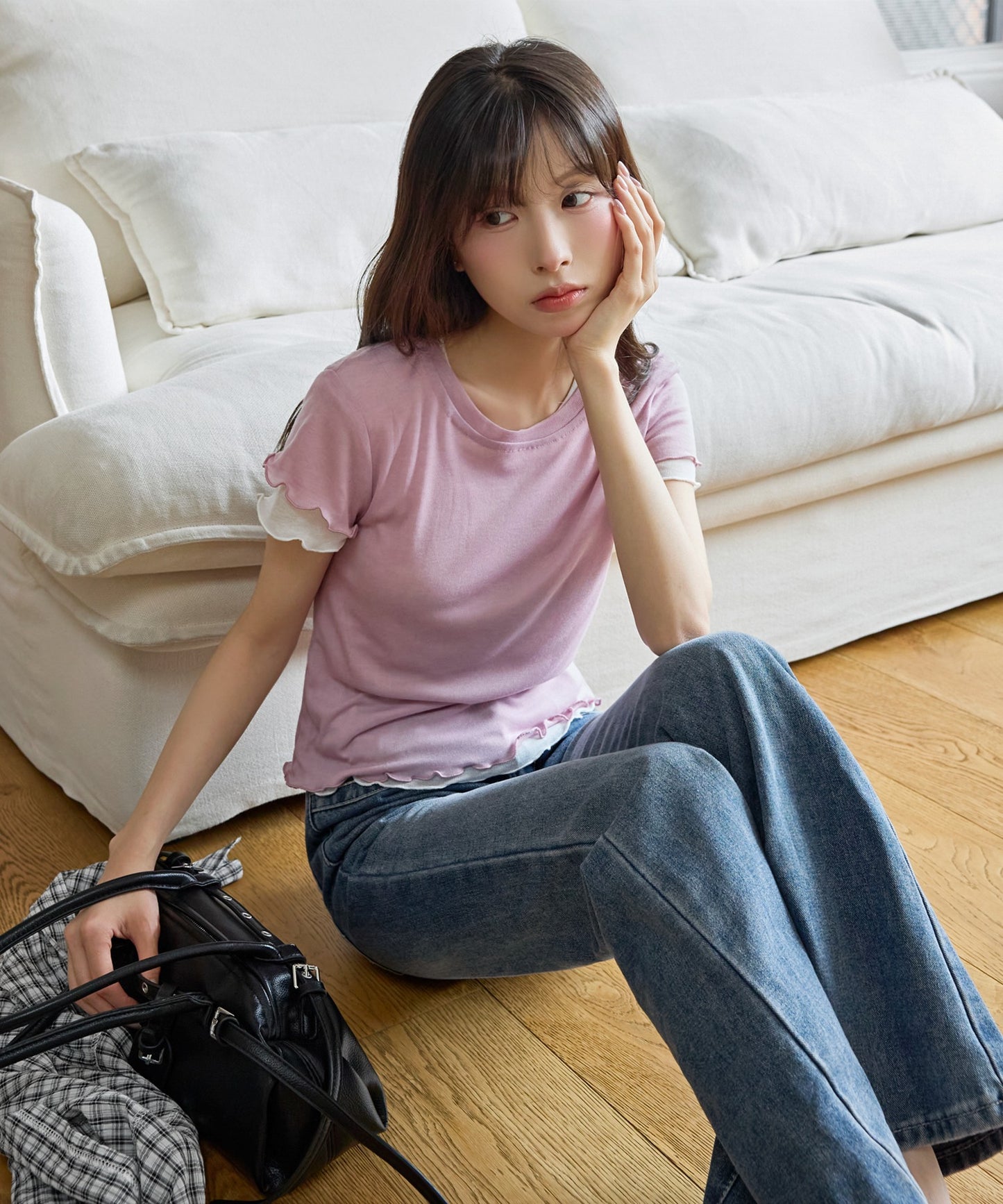 メロウ加工フリルバイカラーレイヤード半袖Tシャツカットソー