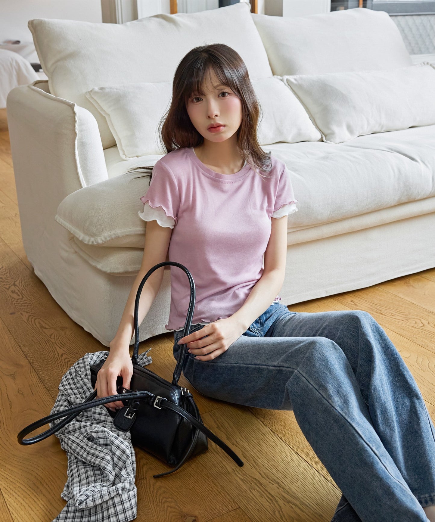 メロウ加工フリルバイカラーレイヤード半袖Tシャツカットソー