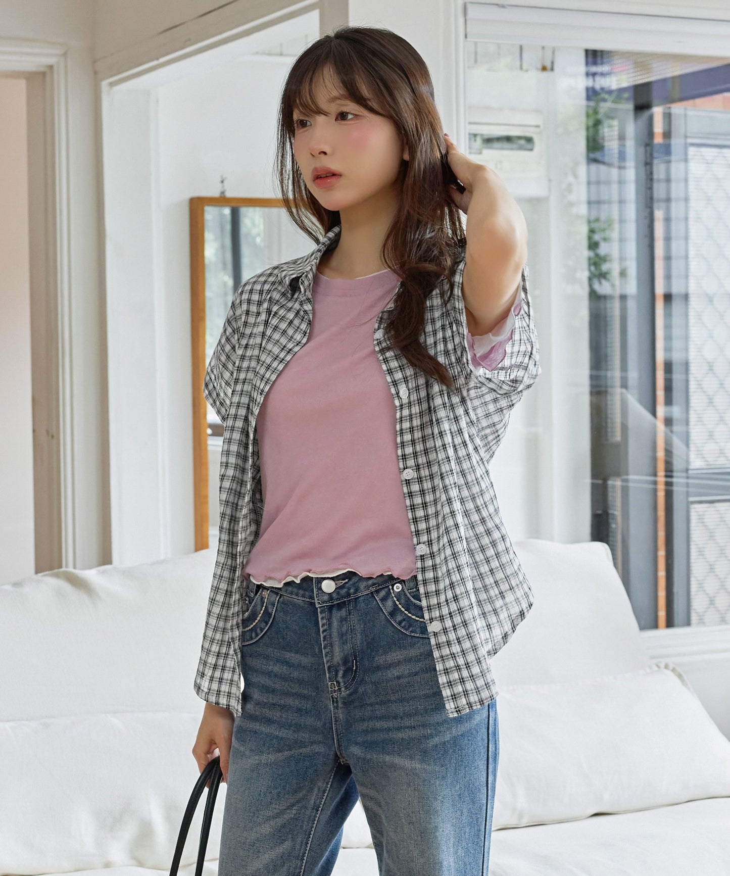 メロウ加工フリルバイカラーレイヤード半袖Tシャツカットソー