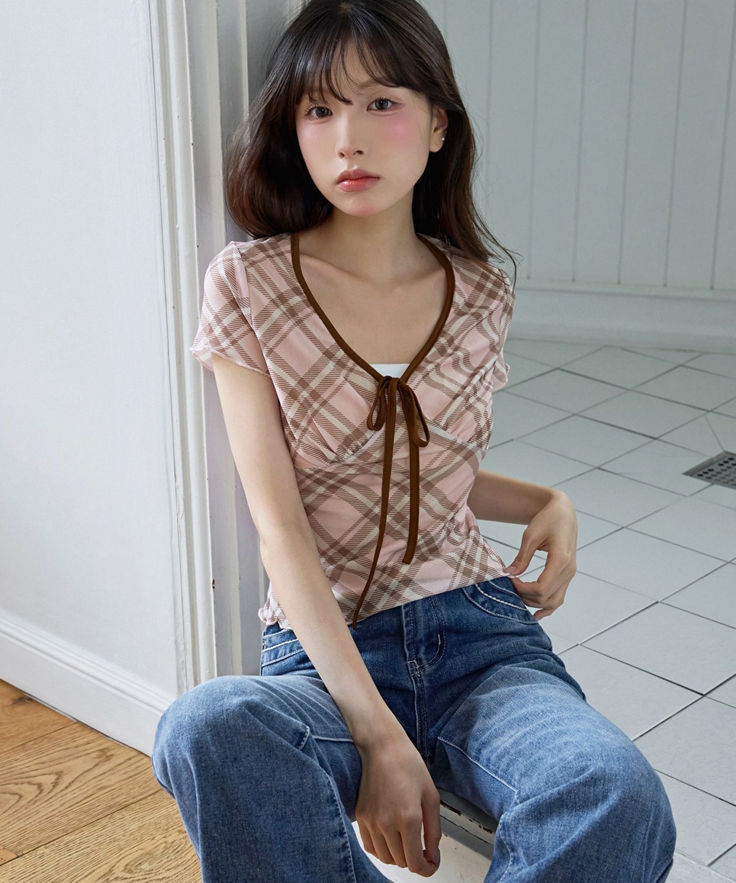 フロントリボンⅤネックチェック柄Tシャツカットソーブラウス