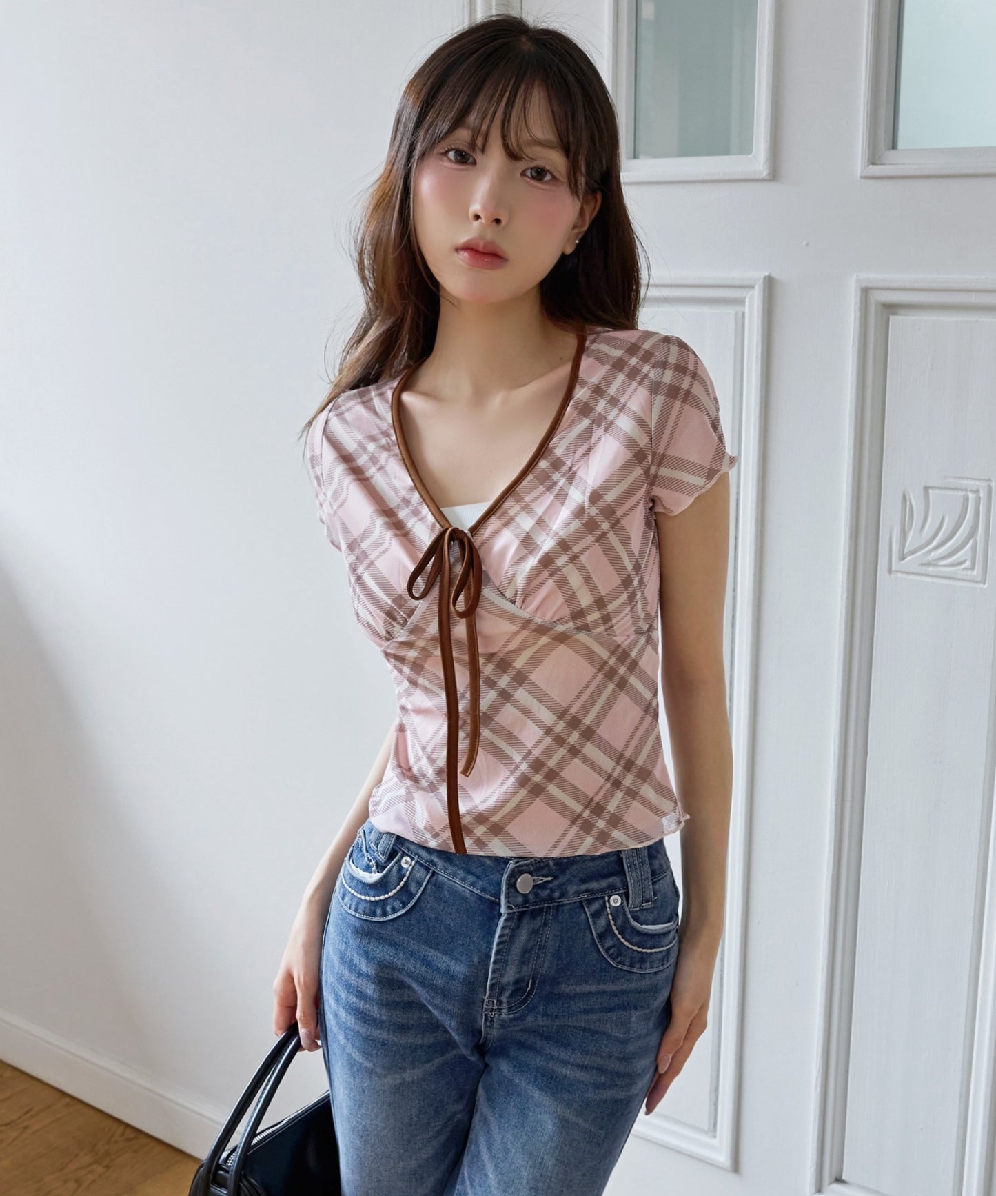 フロントリボンⅤネックチェック柄Tシャツカットソーブラウス