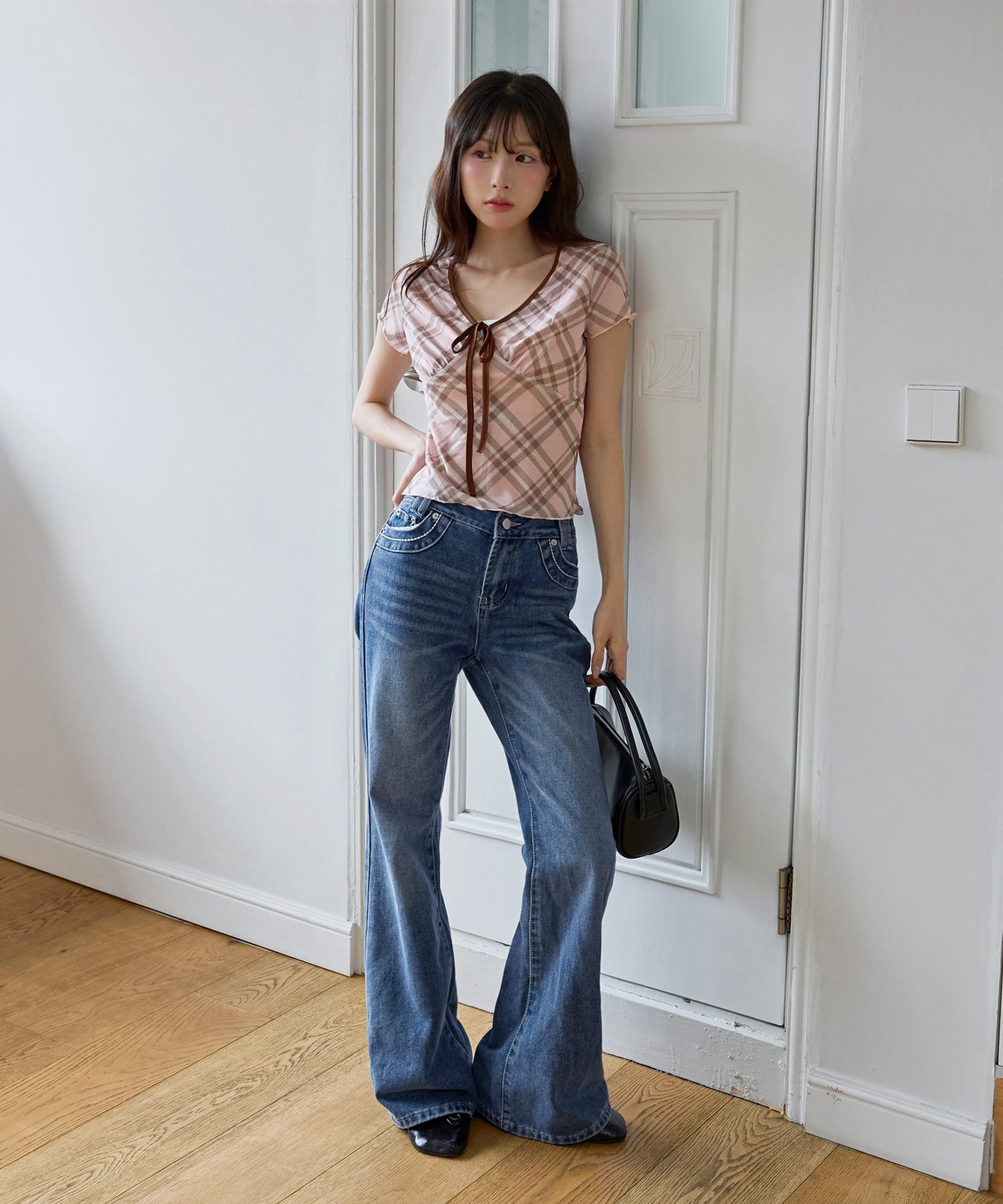 フロントリボンⅤネックチェック柄Tシャツカットソーブラウス