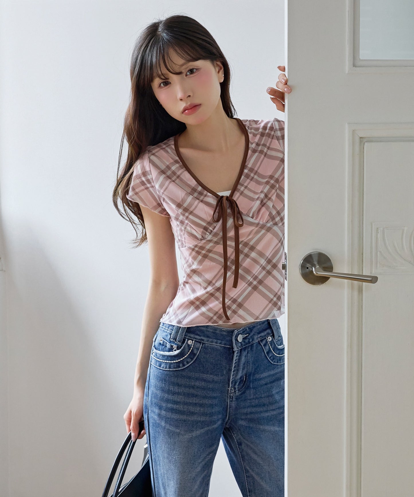 フロントリボンⅤネックチェック柄Tシャツカットソーブラウス