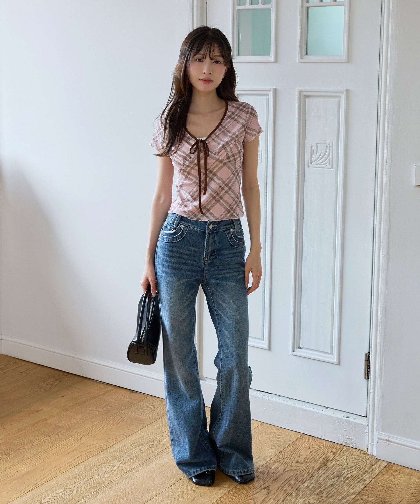フロントリボンⅤネックチェック柄Tシャツカットソーブラウス