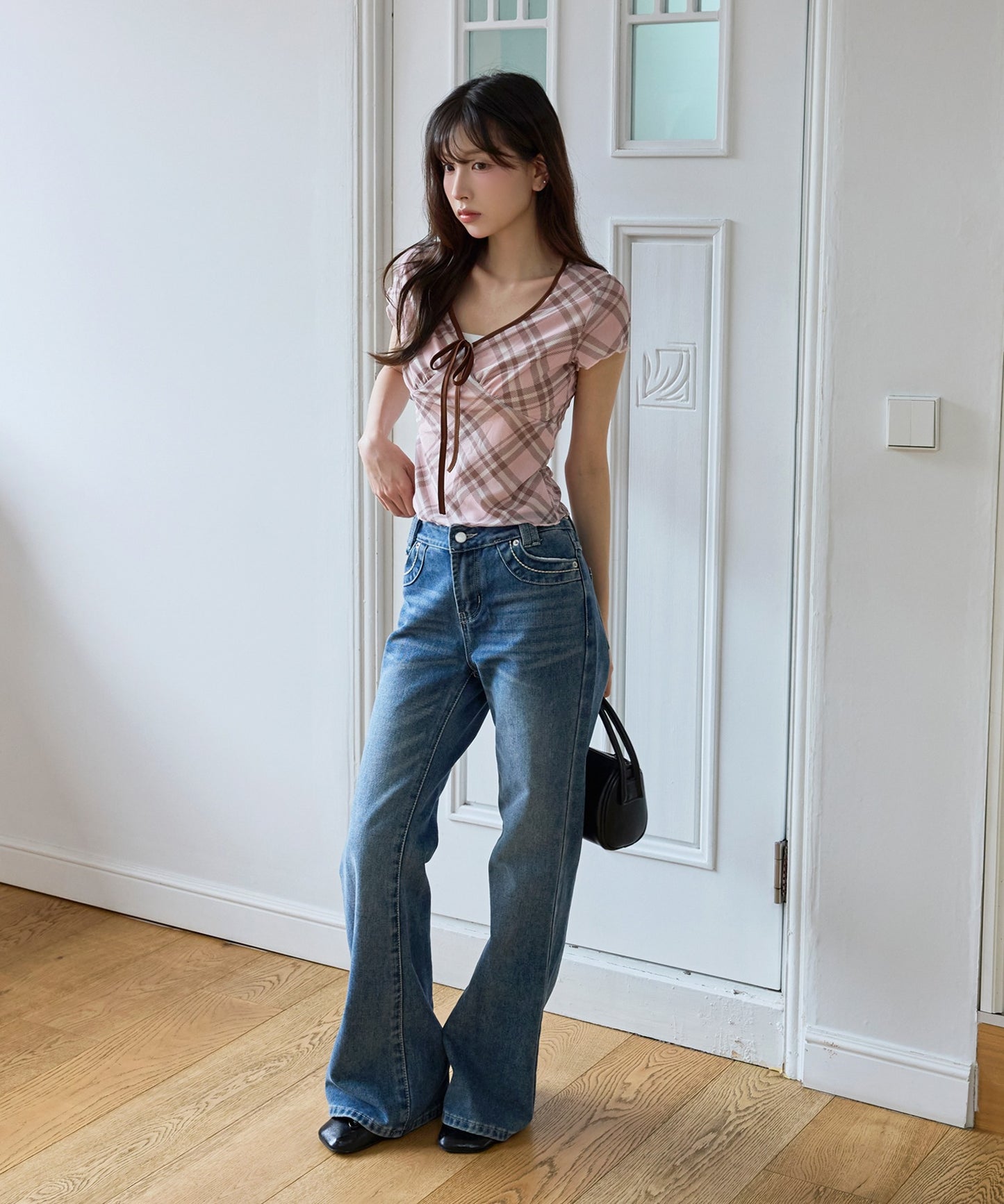 フロントリボンⅤネックチェック柄Tシャツカットソーブラウス