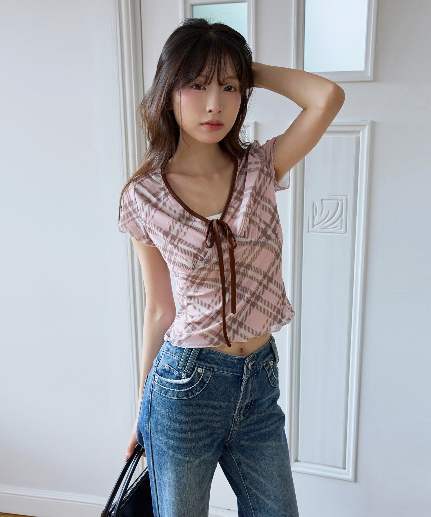 フロントリボンⅤネックチェック柄Tシャツカットソーブラウス